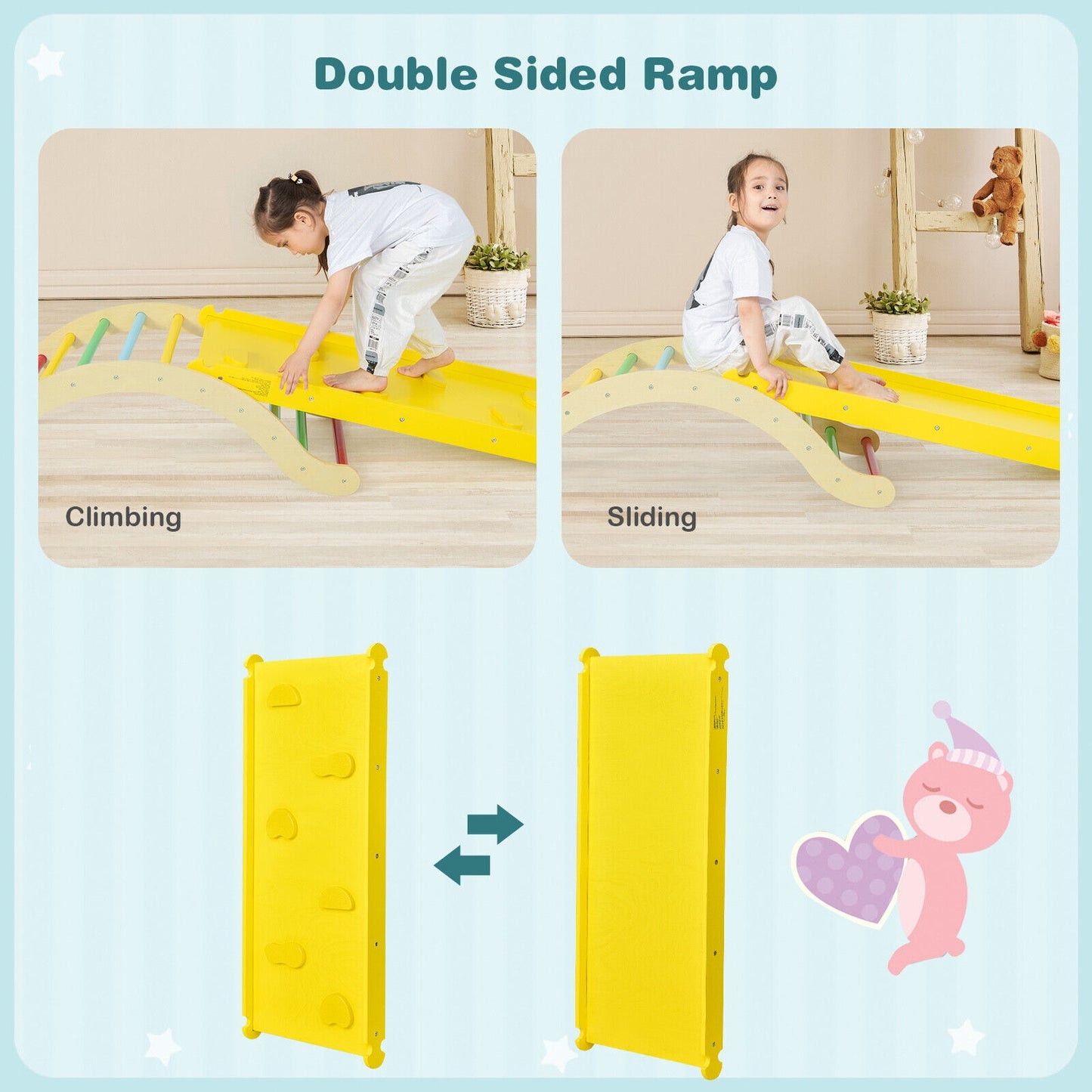 3-in-1 Kids Climber Set Wooden Arch Triangle Rocker with Ramp and mat, 1 Box