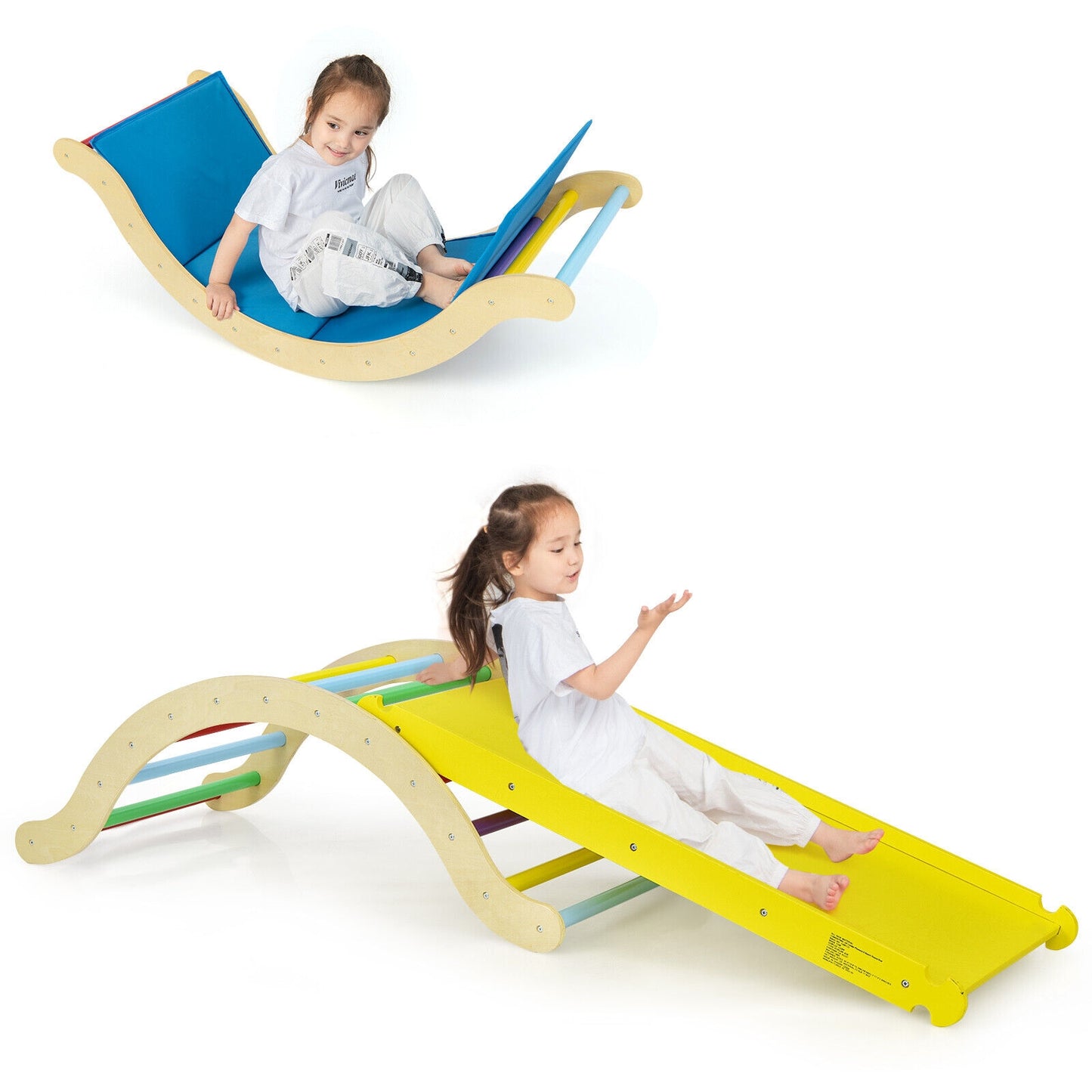 3-in-1 Kids Climber Set Wooden Arch Triangle Rocker with Ramp and mat, 1 Box