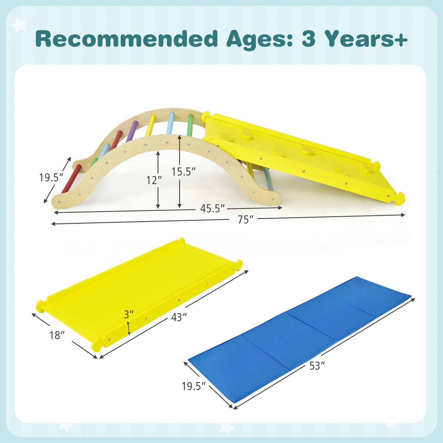 3-in-1 Kids Climber Set Wooden Arch Triangle Rocker with Ramp and mat, 1 Box