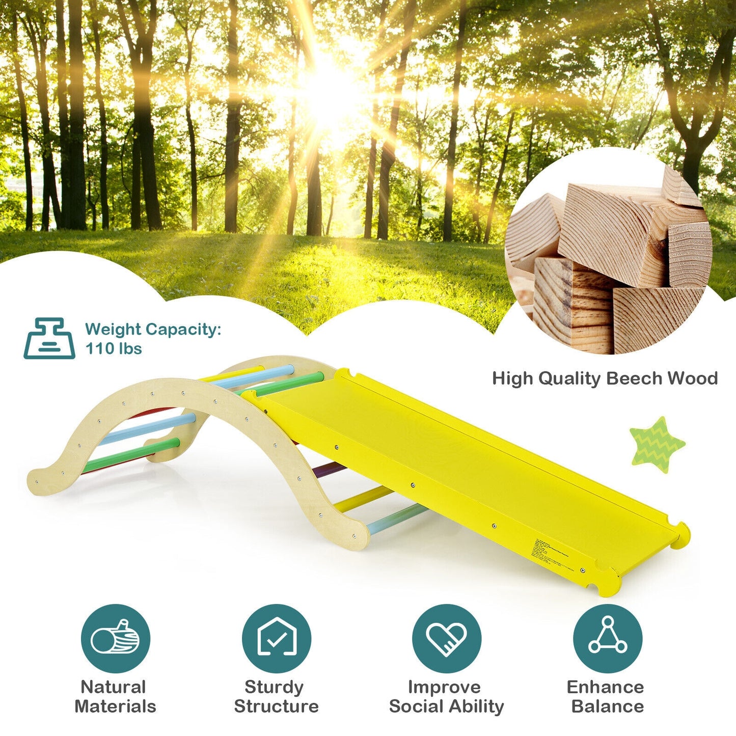 3-in-1 Kids Climber Set Wooden Arch Triangle Rocker with Ramp and mat, 1 Box