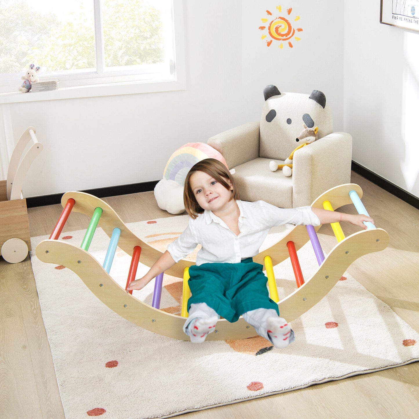 3-in-1 Kids Climber Set Wooden Arch Triangle Rocker with Ramp and mat, 1 Box