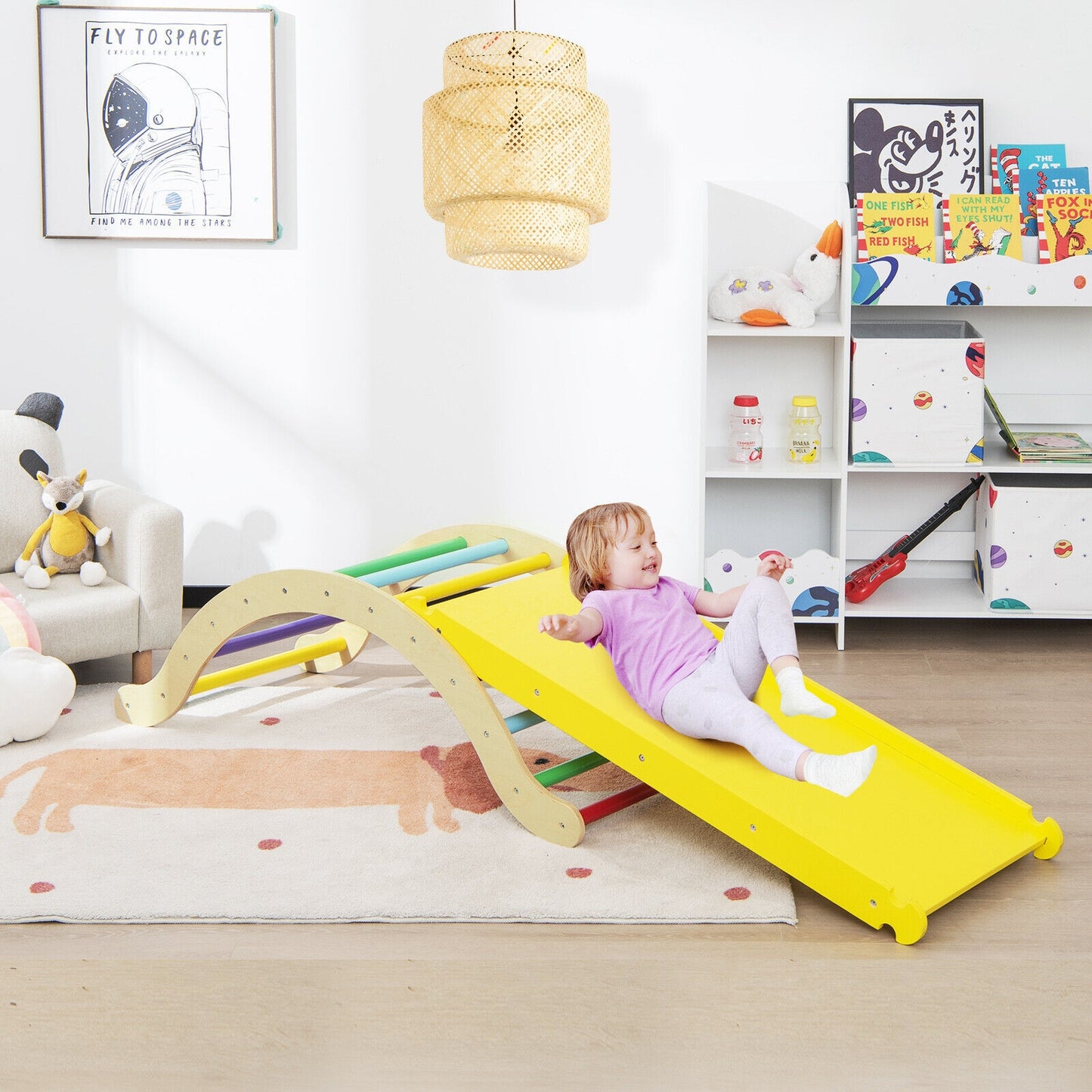 3-in-1 Kids Climber Set Wooden Arch Triangle Rocker with Ramp and mat, 1 Box