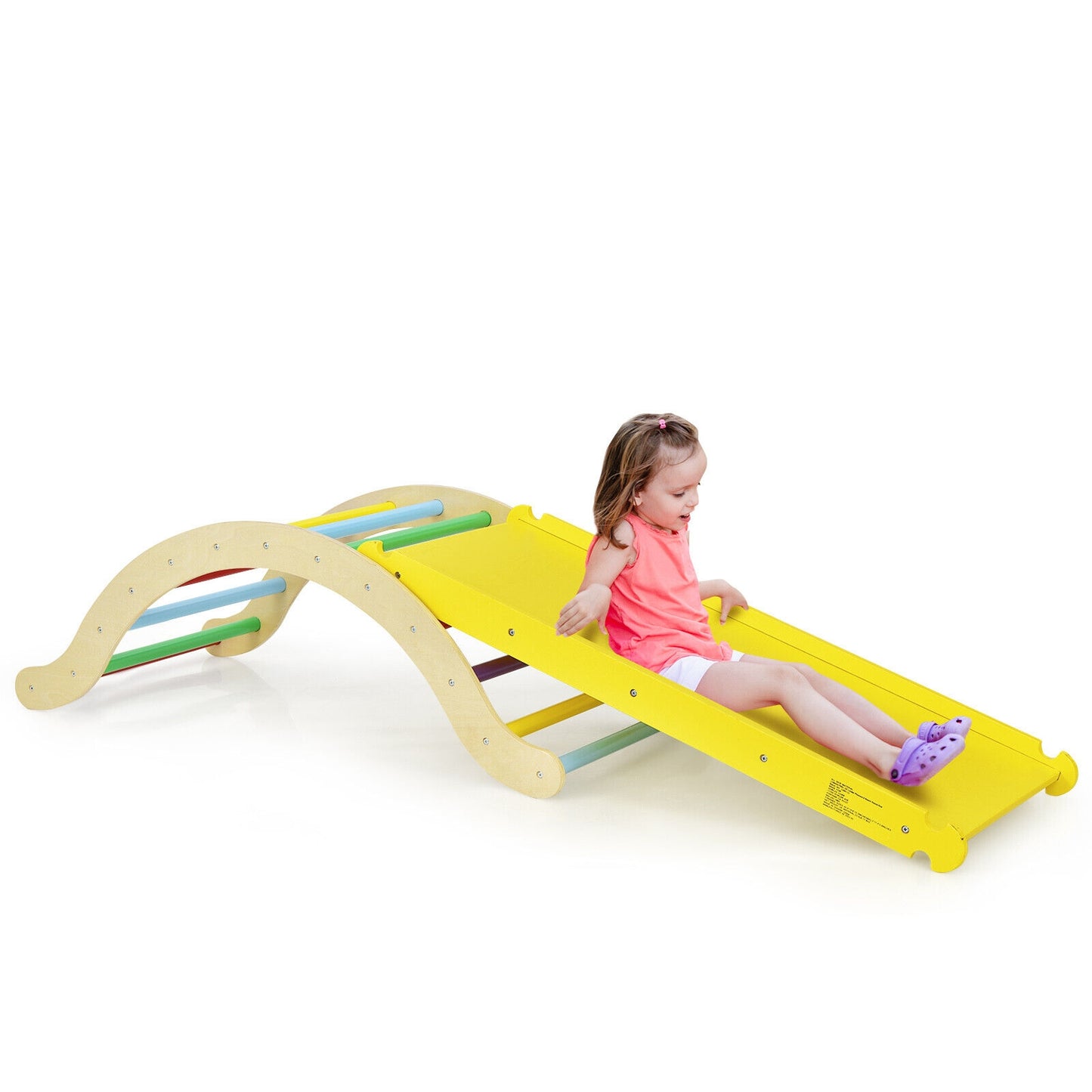3-in-1 Kids Climber Set Wooden Arch Triangle Rocker with Ramp and mat, 1 Box