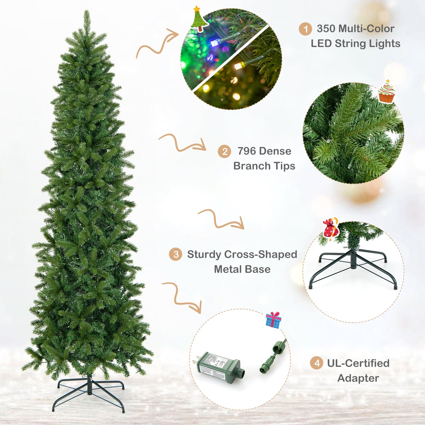 7.5 Feet Pre-lit Full Artificial Christmas Tree with Warm White or Multi-color LED Lights