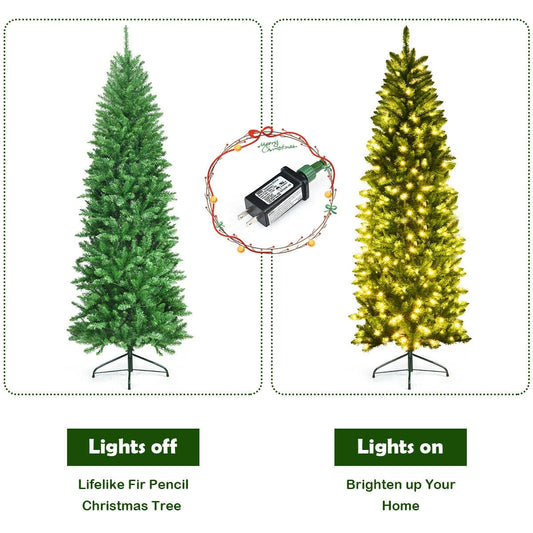 7 Feet PVC Hinged Pre-lit Artificial Fir Pencil Christmas Tree with 150 Lights-7 ft, assembled, final sale
