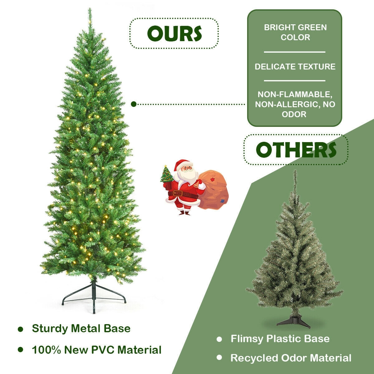 7 Feet PVC Hinged Pre-lit Artificial Fir Pencil Christmas Tree with 150 Lights-7 ft, assembled, final sale