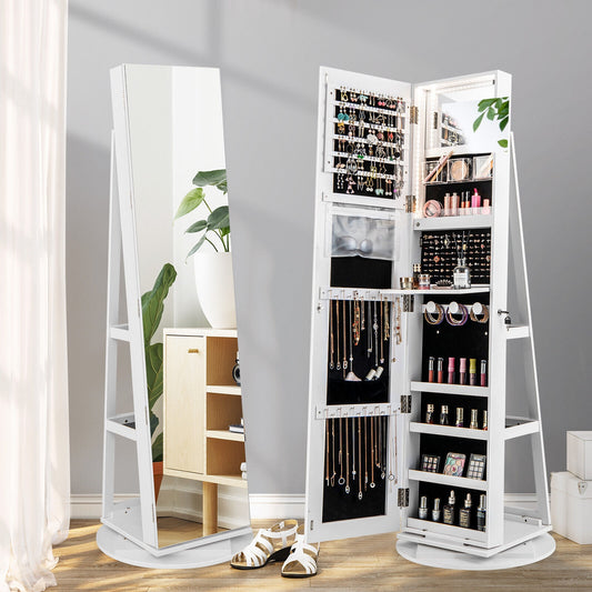360° Rotating Mirrored Jewelry Cabinet Armoire 3 Color LED Modes Lockable-White (1 Box, Unassembled)