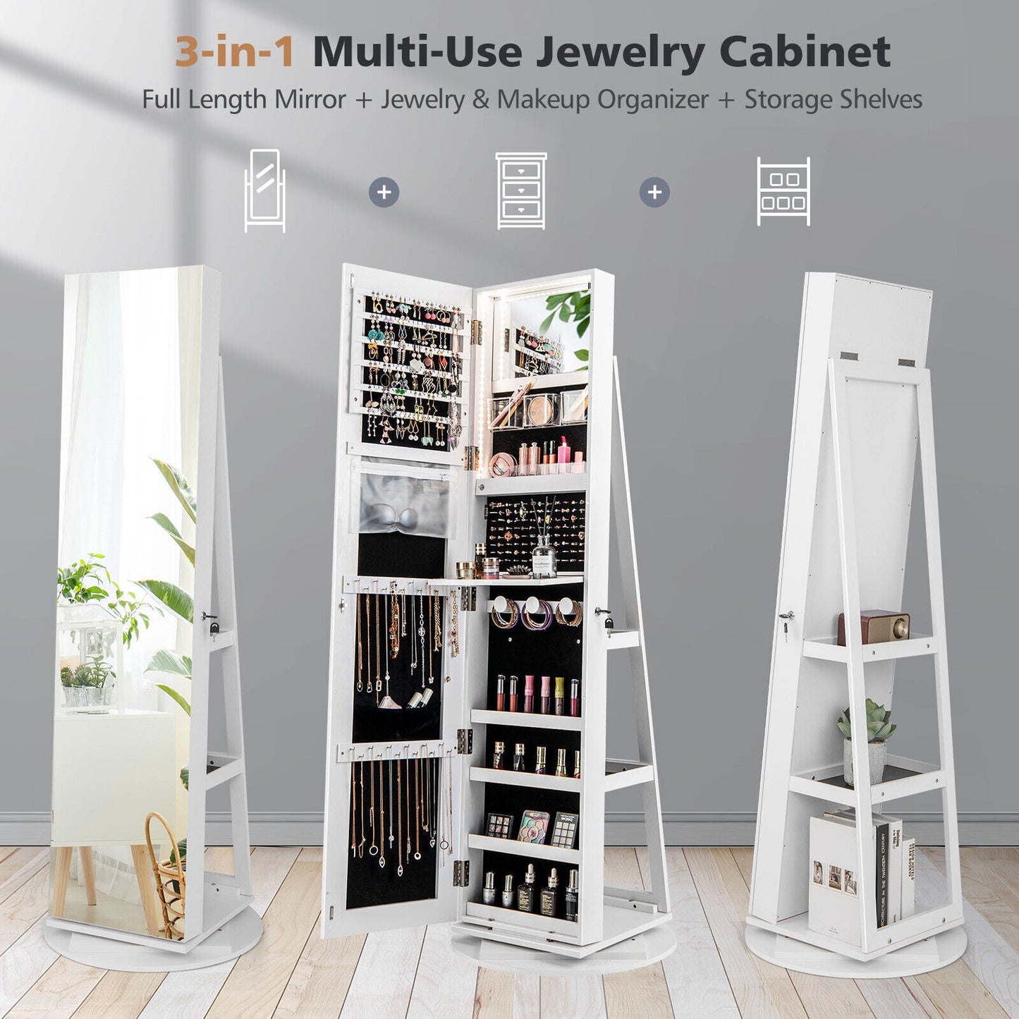 360° Rotating Mirrored Jewelry Cabinet Armoire 3 Color LED Modes Lockable-White (1 Box, Unassembled)