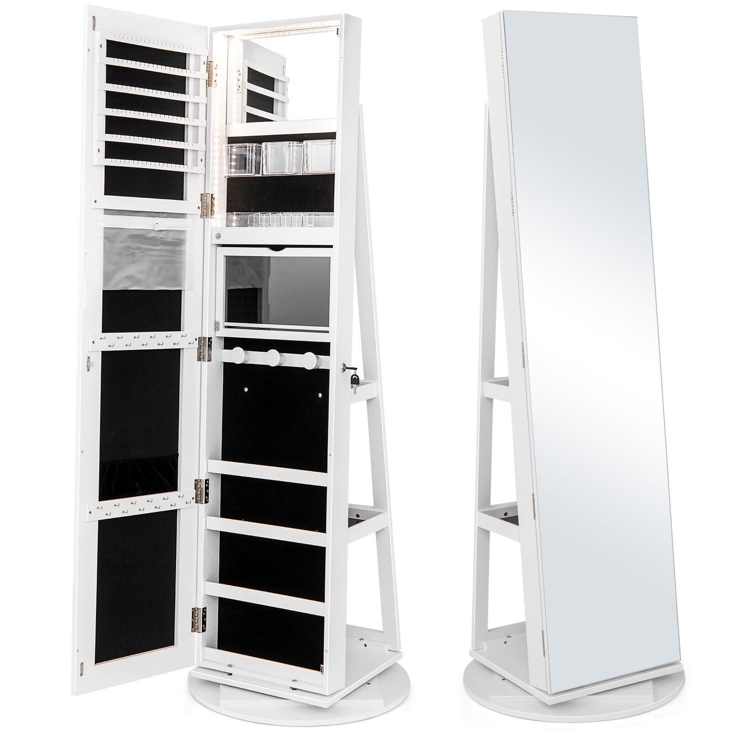 360° Rotating Mirrored Jewelry Cabinet Armoire 3 Color LED Modes Lockable-White (1 Box, Unassembled)