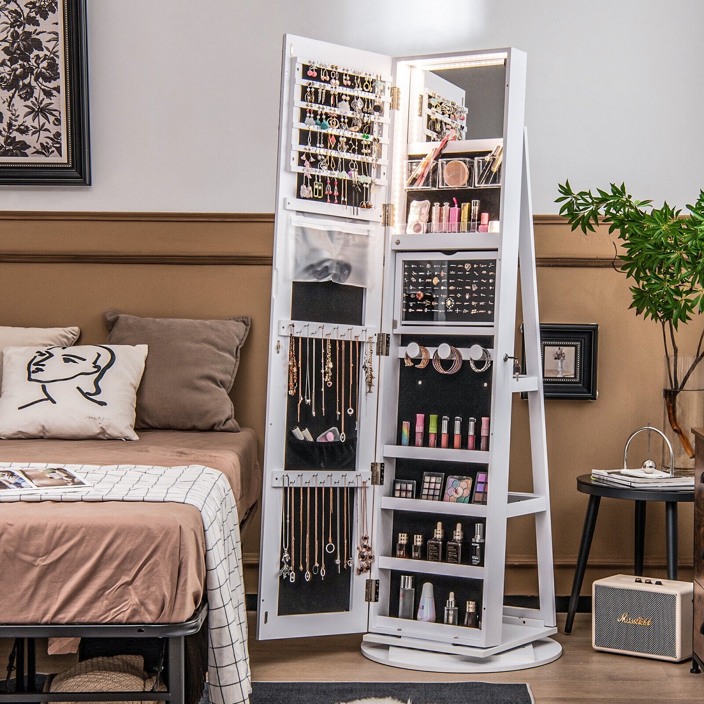 360° Rotating Mirrored Jewelry Cabinet Armoire 3 Color LED Modes Lockable-White (1 Box, Unassembled)