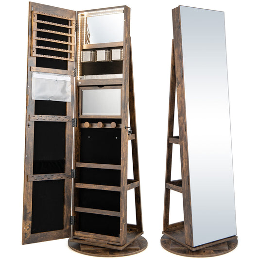 360° Rotating Mirrored Jewelry Cabinet Armoire 3 Color LED Modes Lockable-Brown (Fully Assembled)