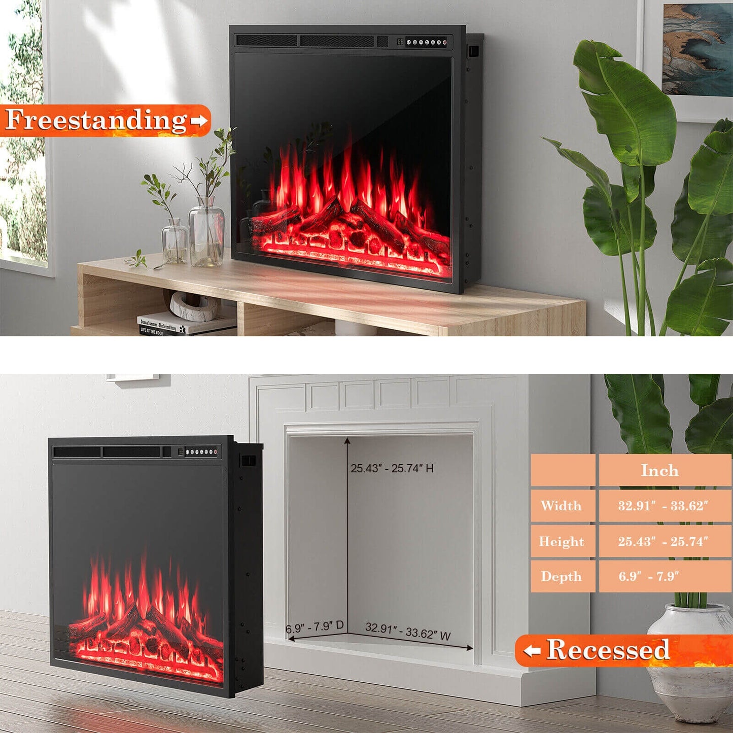 34 Inch Electric Fireplace Recessed with Adjustable Flames