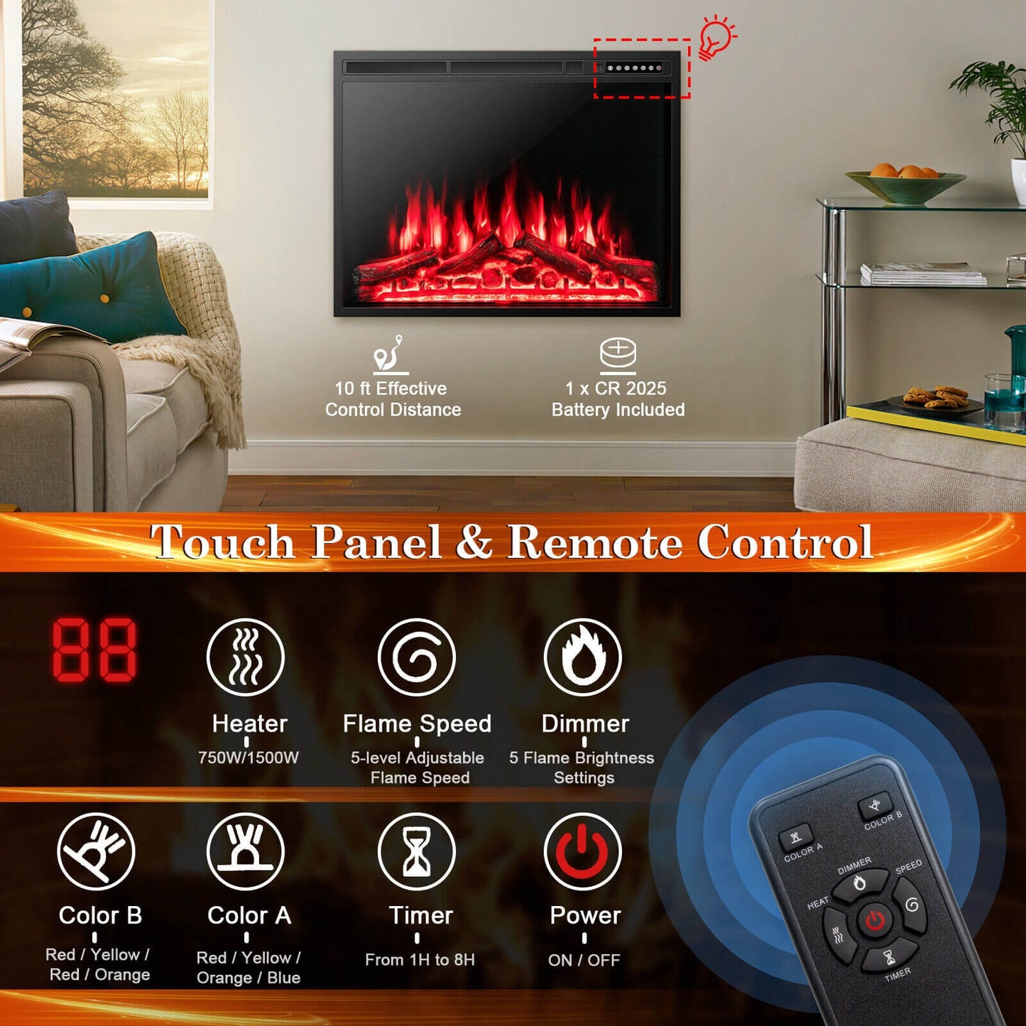 34 Inch Electric Fireplace Recessed with Adjustable Flames
