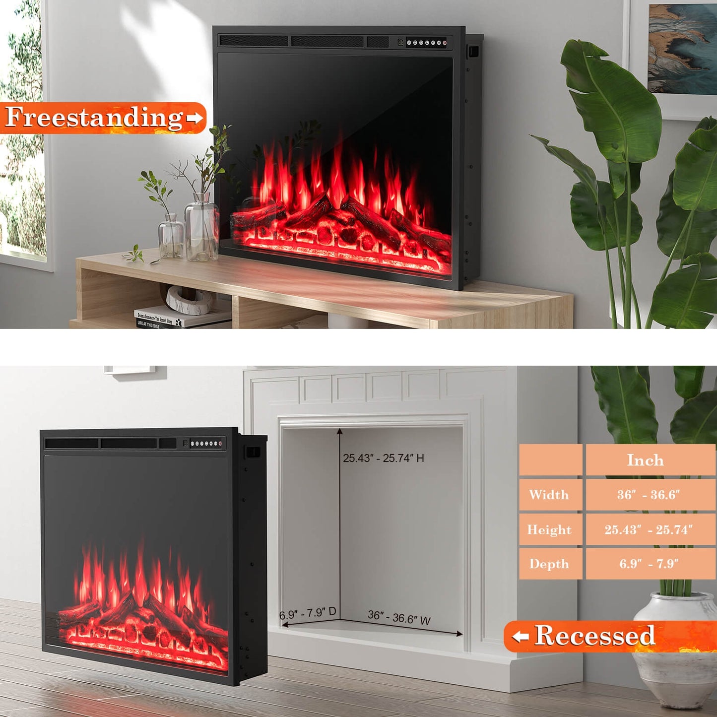 Scratch & Dent, 34/37 Inch Electric Fireplace Recessed with Adjustable Flames