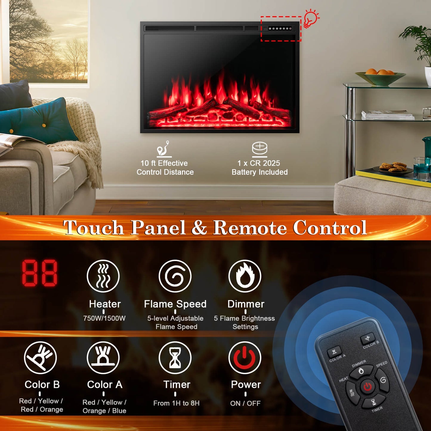 Scratch & Dent, 34/37 Inch Electric Fireplace Recessed with Adjustable Flames