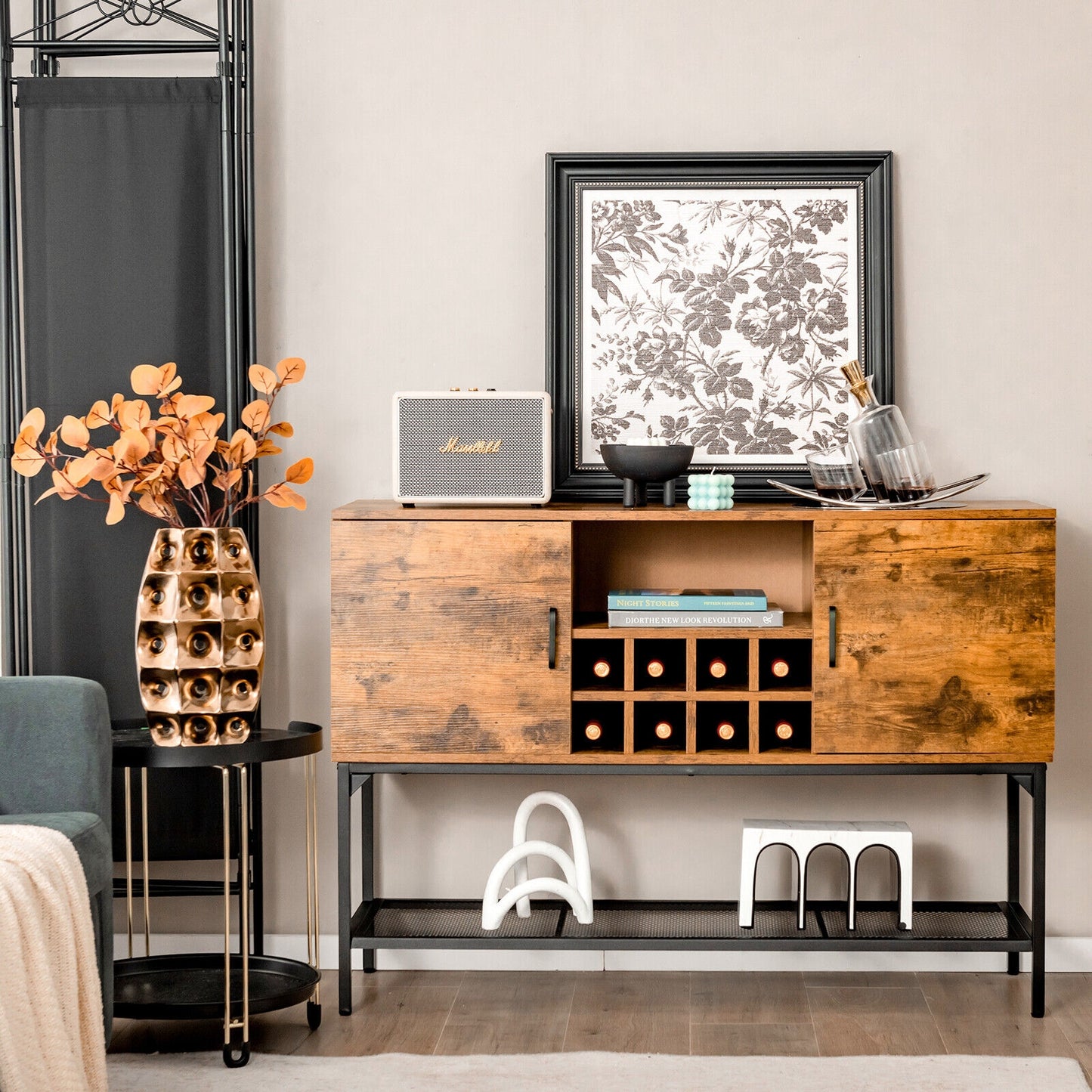 Industrial Kitchen Buffet Sideboard with Wine Rack and 2 Doors-Rustic Brown (Fully Assembled)