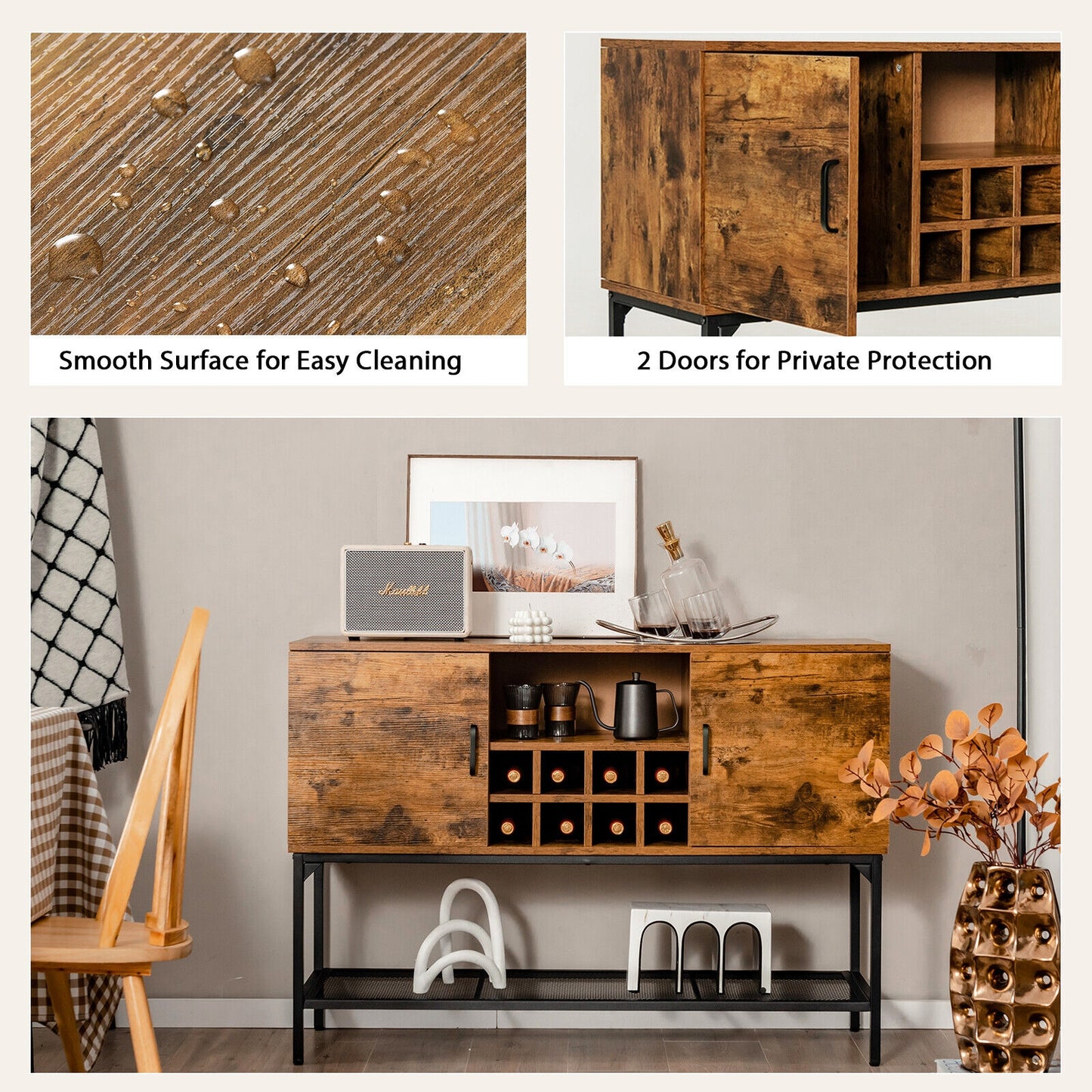 Industrial Kitchen Buffet Sideboard with Wine Rack and 2 Doors-Rustic Brown (Fully Assembled)