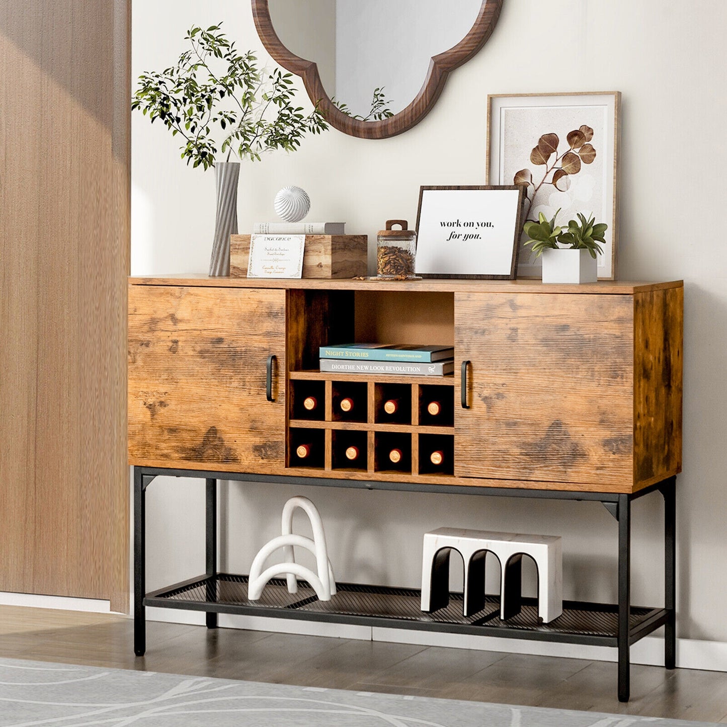 Industrial Kitchen Buffet Sideboard with Wine Rack and 2 Doors-Rustic Brown (Fully Assembled)