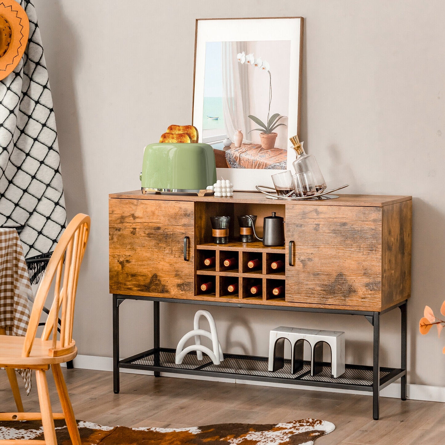 Industrial Kitchen Buffet Sideboard with Wine Rack and 2 Doors-Rustic Brown (Fully Assembled)