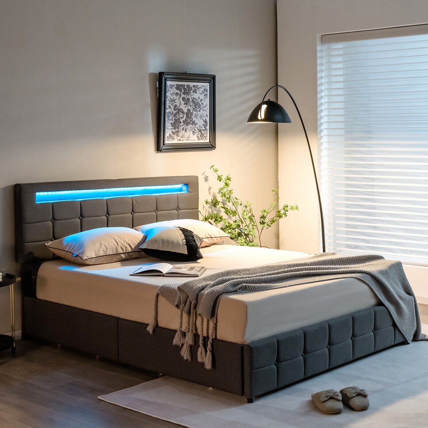 Special - Upholstered Queen LED Bed Frame with Headboard and 4 Drawers - (1 Box)