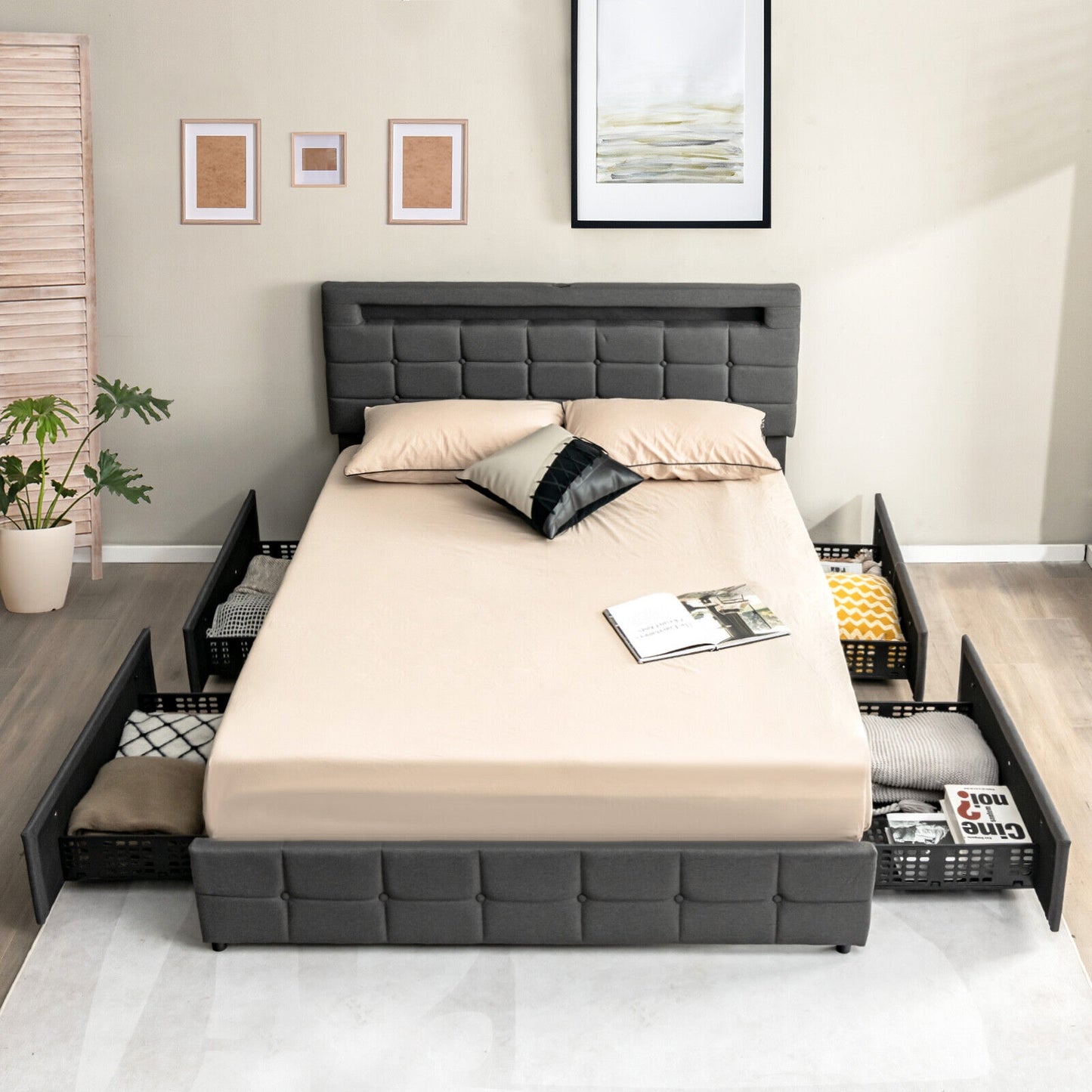 Special - Upholstered Queen LED Bed Frame with Headboard and 4 Drawers - (1 Box)