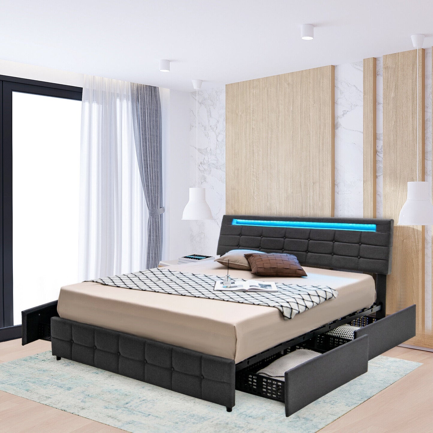Special - Upholstered Queen LED Bed Frame with Headboard and 4 Drawers - (1 Box)