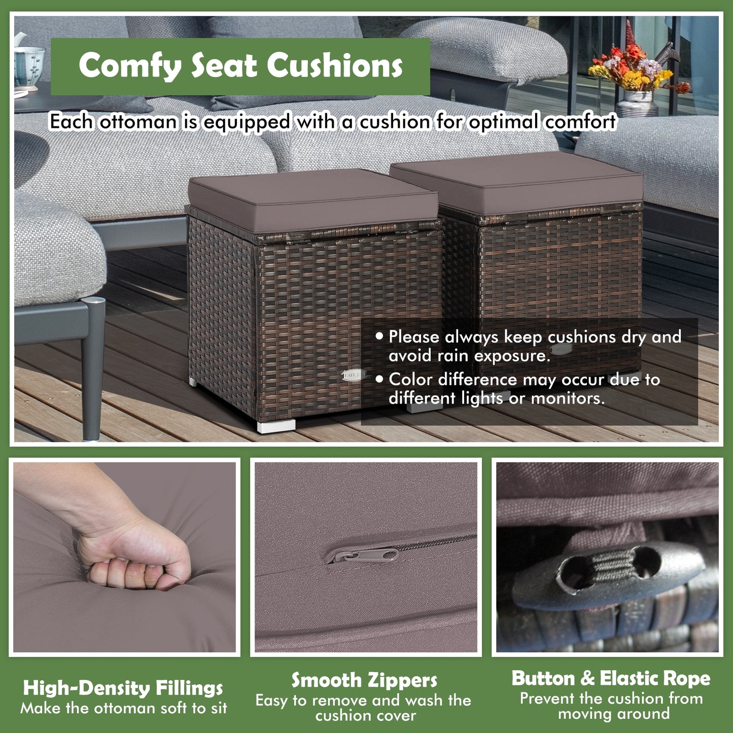 2 Piece Set, Patio Ottoman with Removable Cushions-Gray, assembled