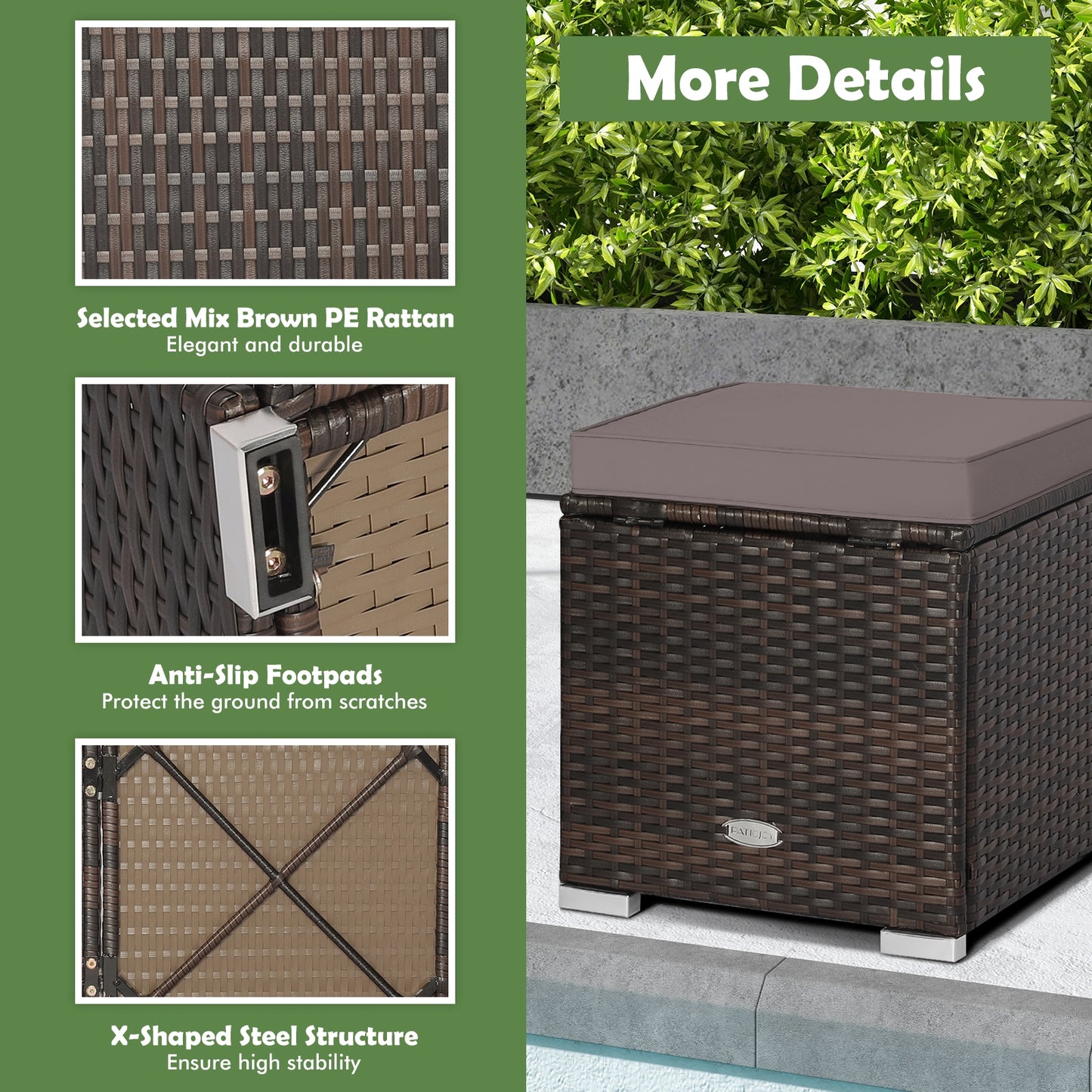 2 Piece Set, Patio Ottoman with Removable Cushions-Gray, assembled