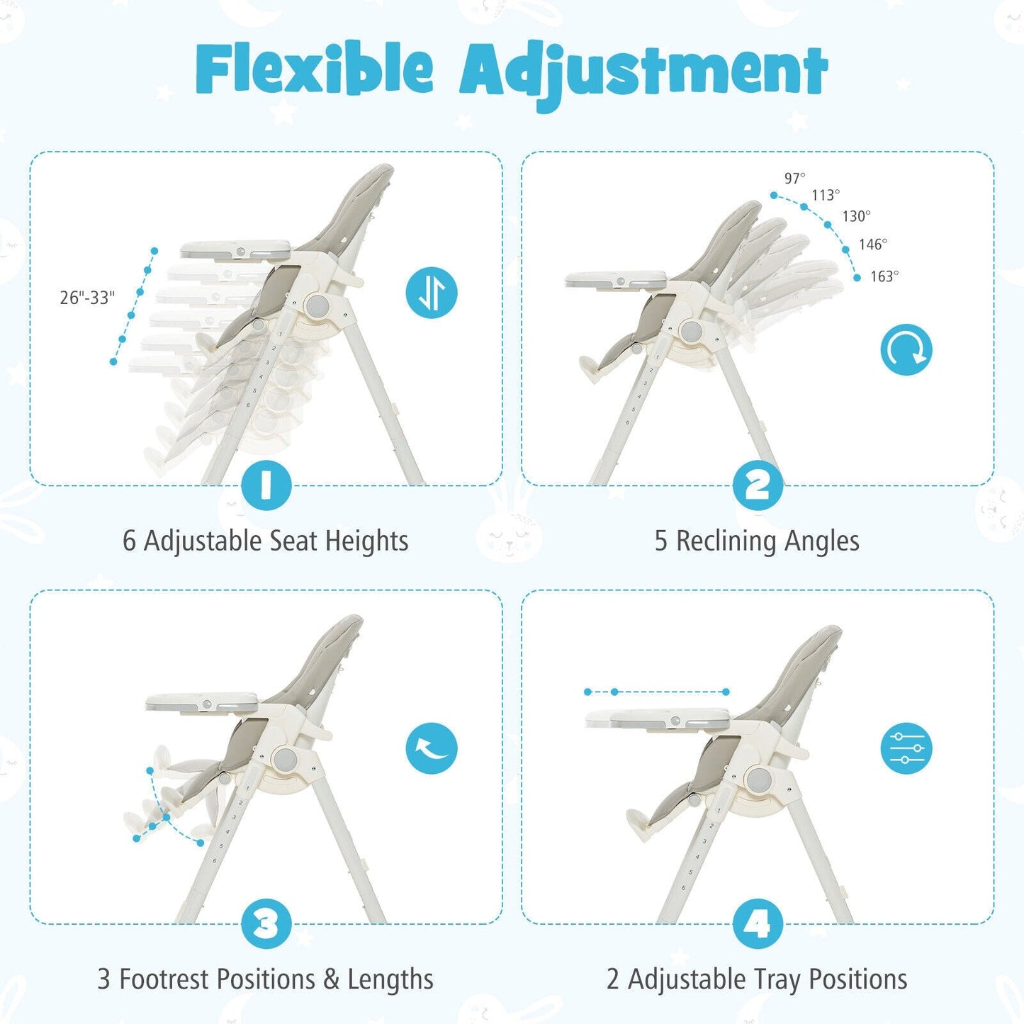 *SPECIAL *Folding High Chair with Height Adjustment and 360° Rotating Wheels-Gray
