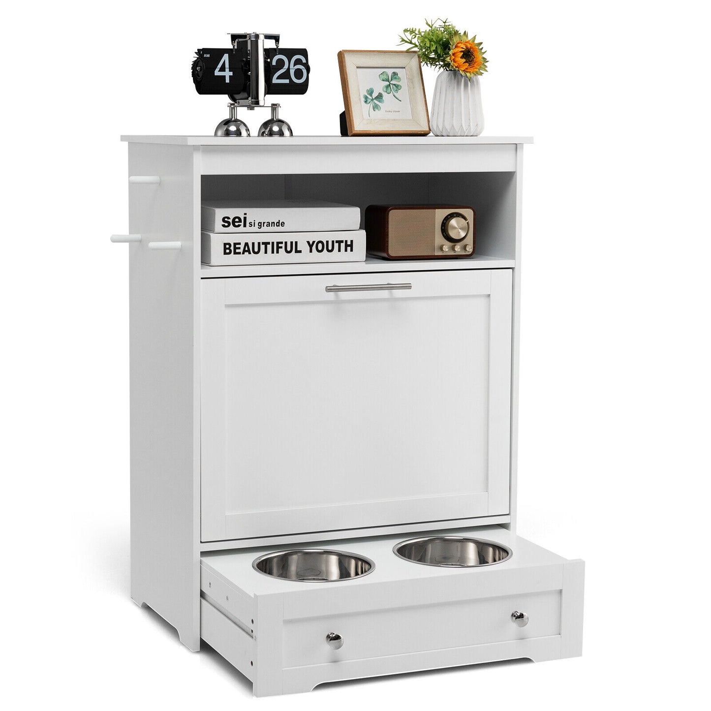 Pet Feeder Station with Stainless Steel Bowl-White (Fully Assembled)