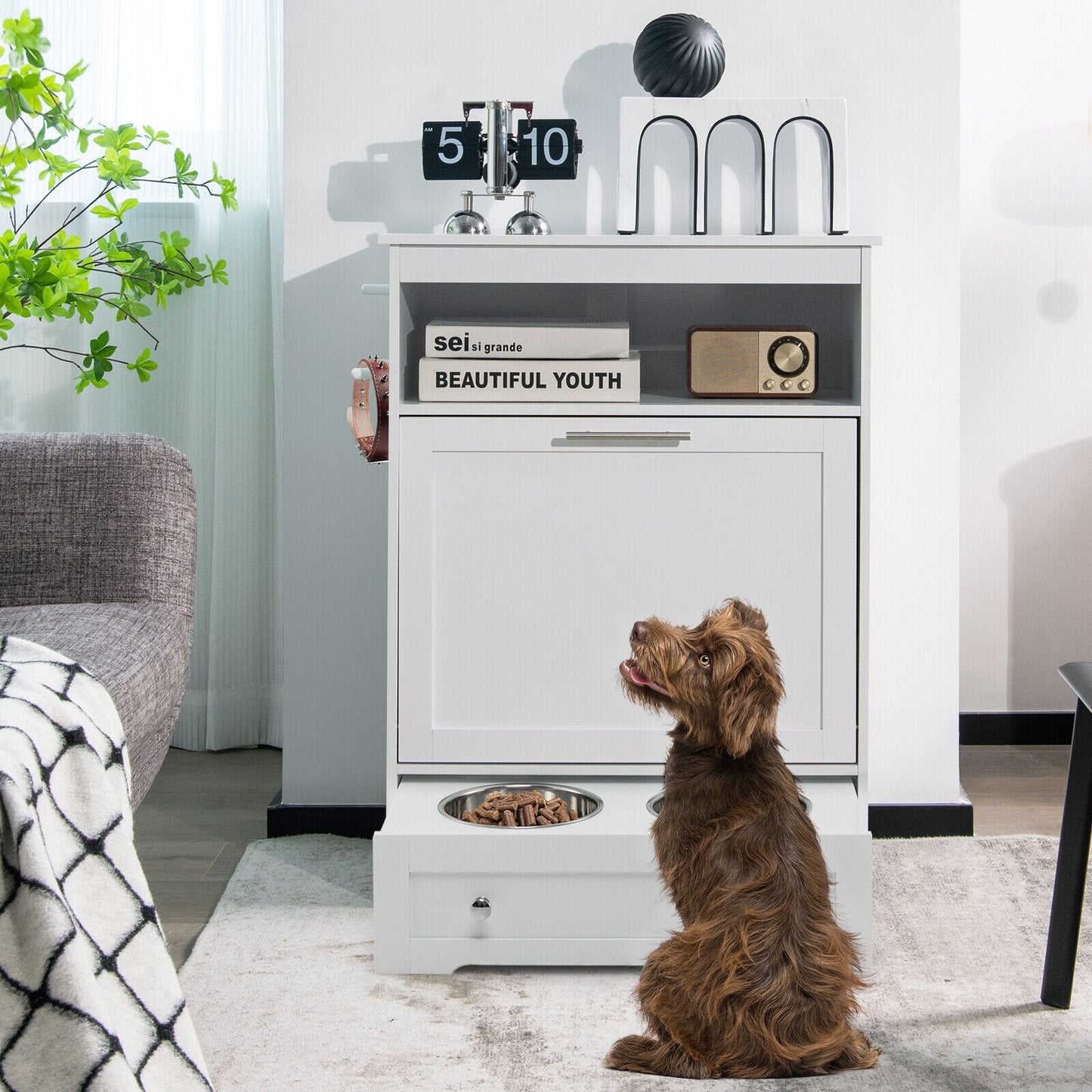 Pet Feeder Station with Stainless Steel Bowl-White (Fully Assembled)