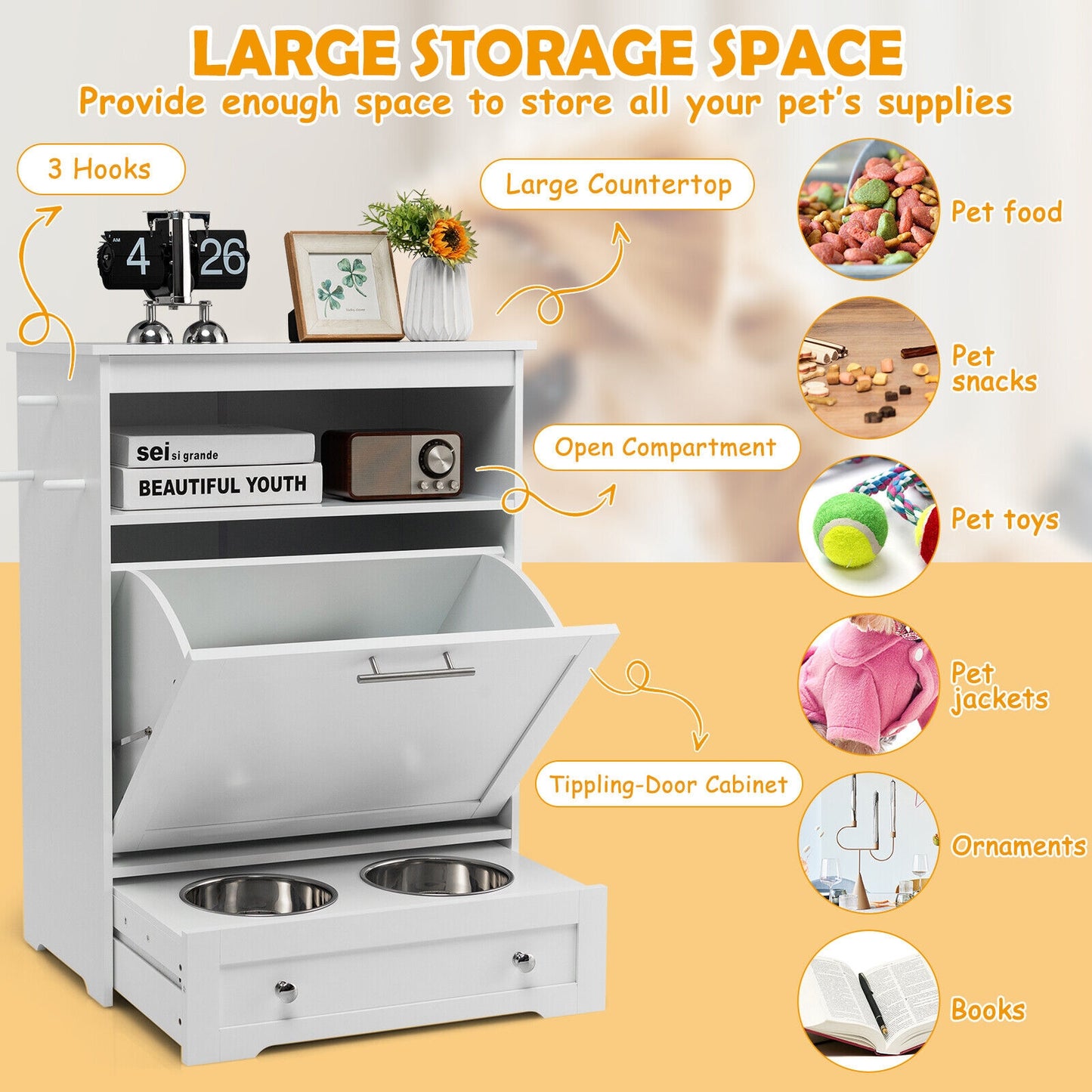 Pet Feeder Station with Stainless Steel Bowl-White (Fully Assembled)