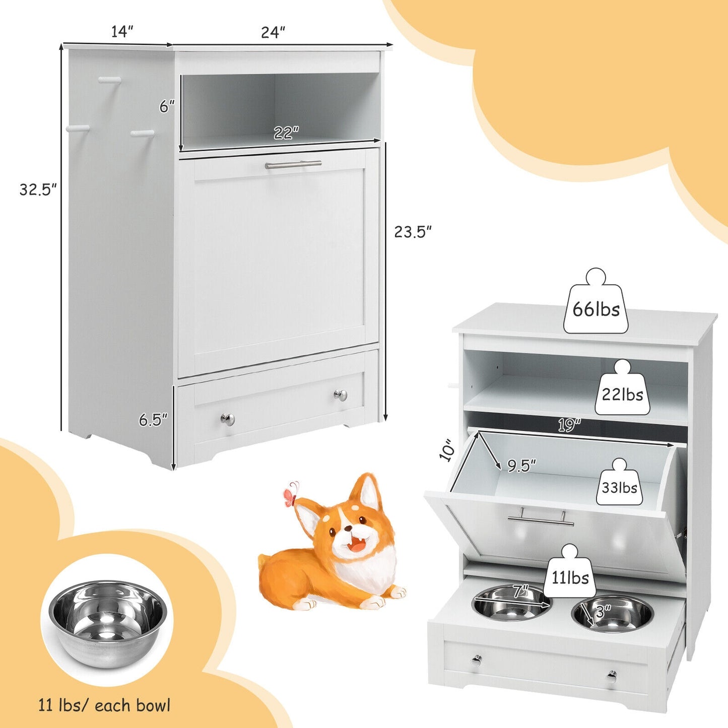 Pet Feeder Station with Stainless Steel Bowl-White (Fully Assembled)