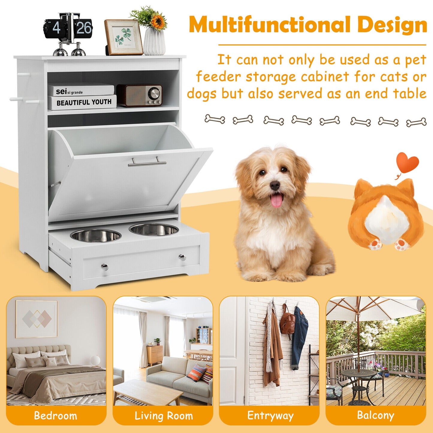 Pet Feeder Station with Stainless Steel Bowl-White (Fully Assembled)
