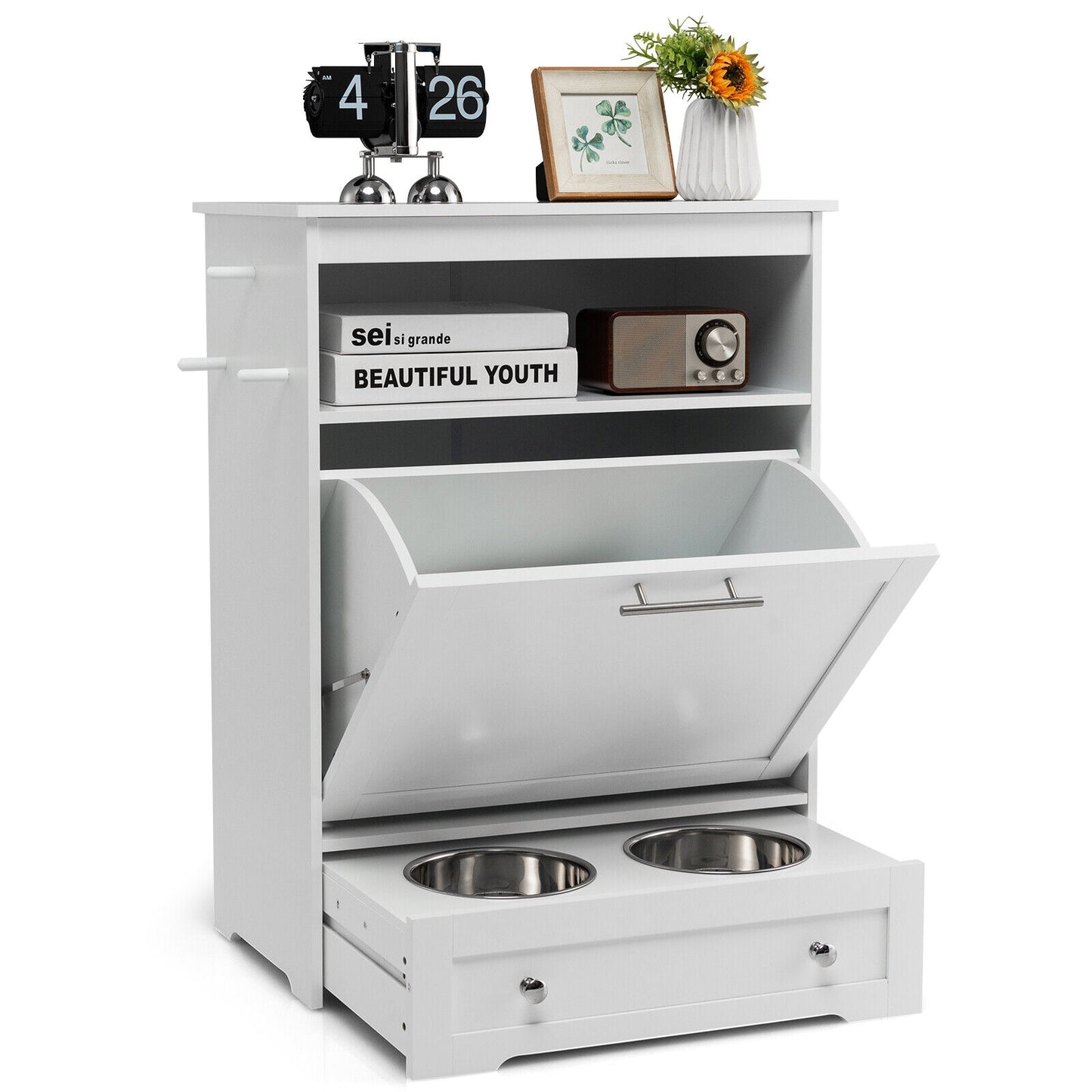 Pet Feeder Station with Stainless Steel Bowl-White (Fully Assembled)