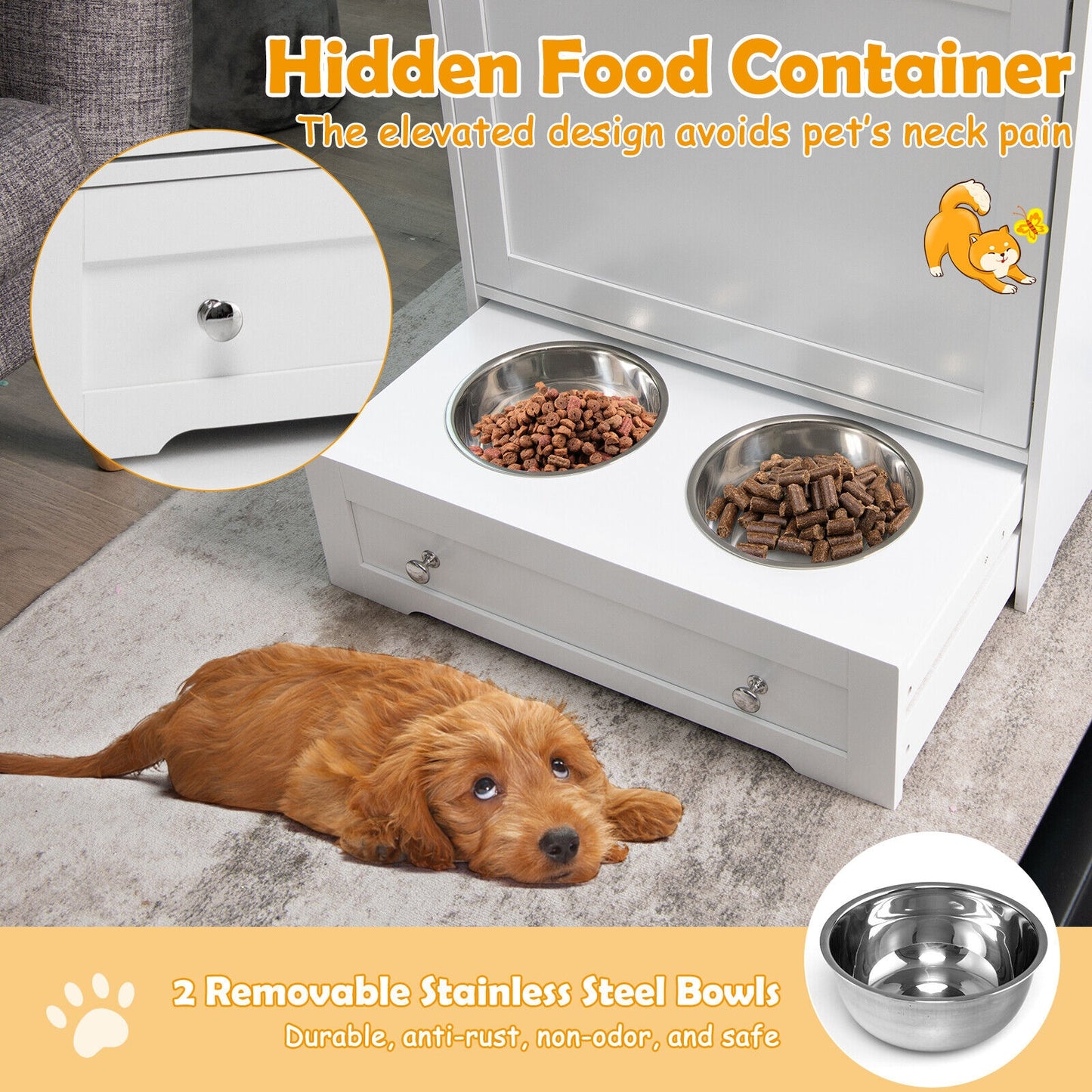 Pet Feeder Station with Stainless Steel Bowl-White (Fully Assembled)