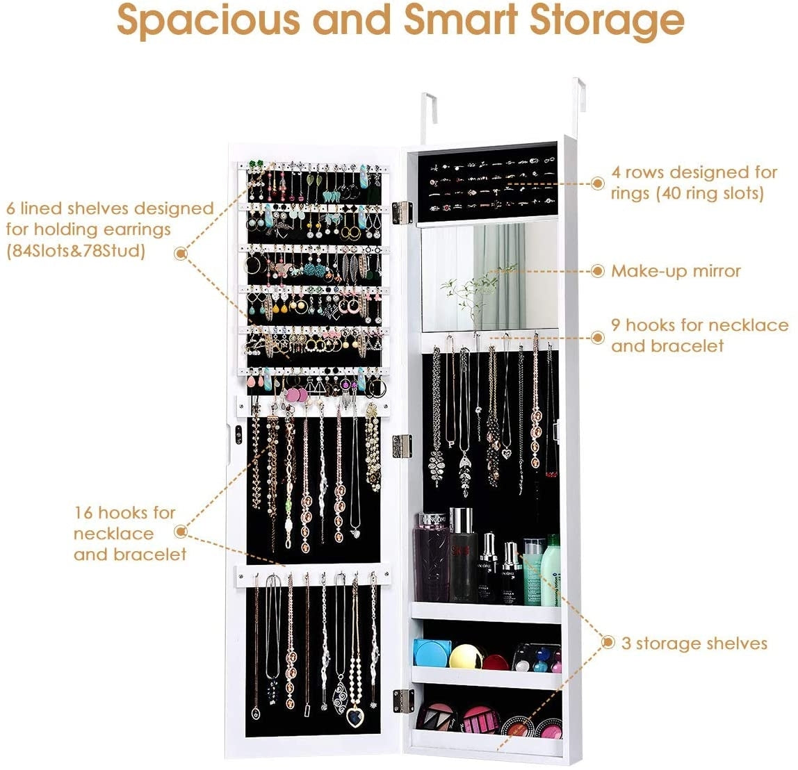 Full Length Mirror Jewelry Cabinet  -White (Scratch and Dent)