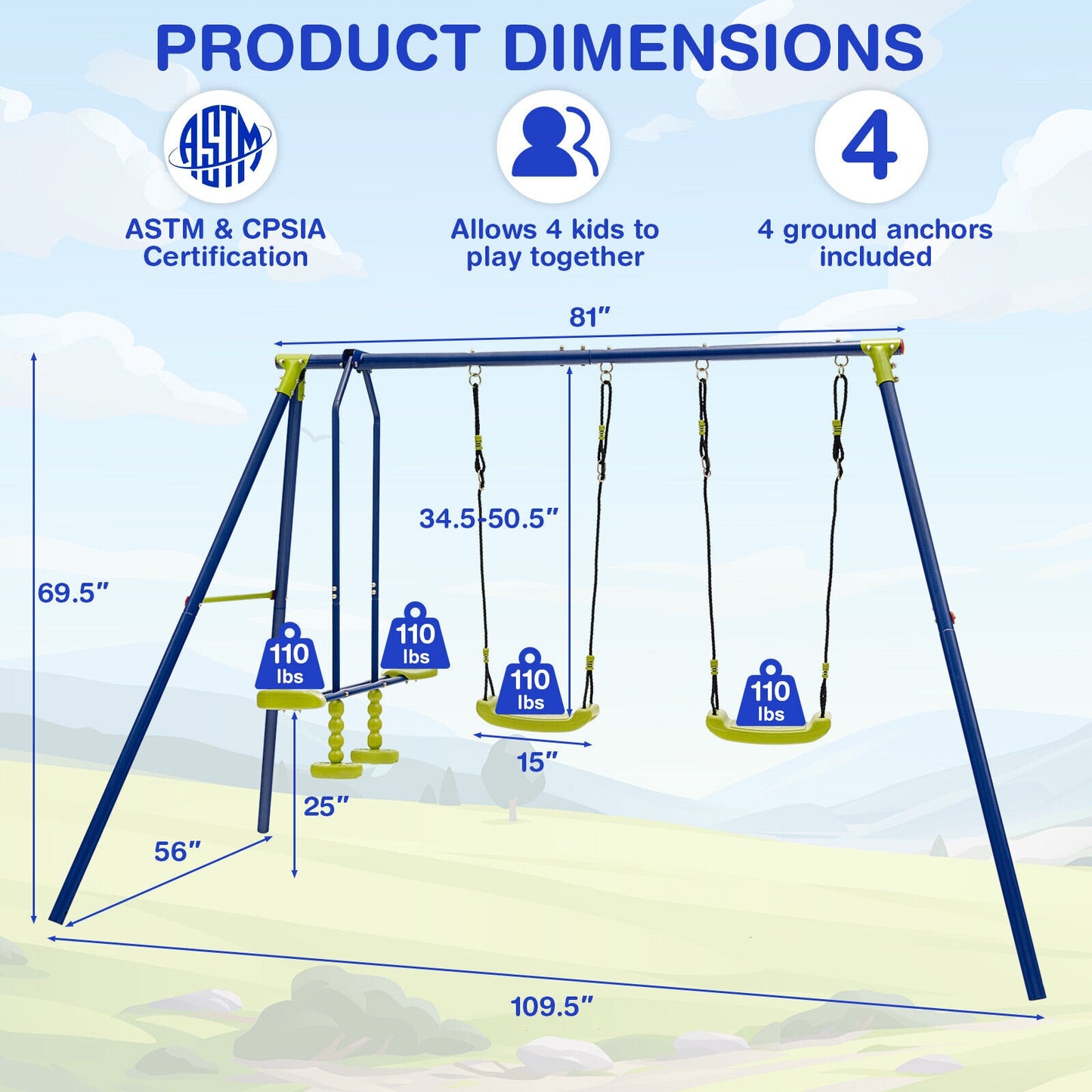 440 Pounds Kids Swing Set with Two Swings and One Glider, 1 box