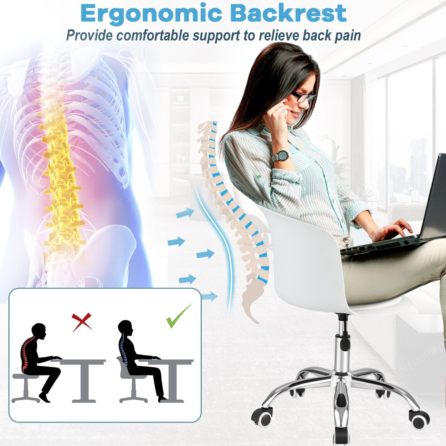 Office Chair with Ergonomic Backrest and Soft Padded PU Leather Seat-White