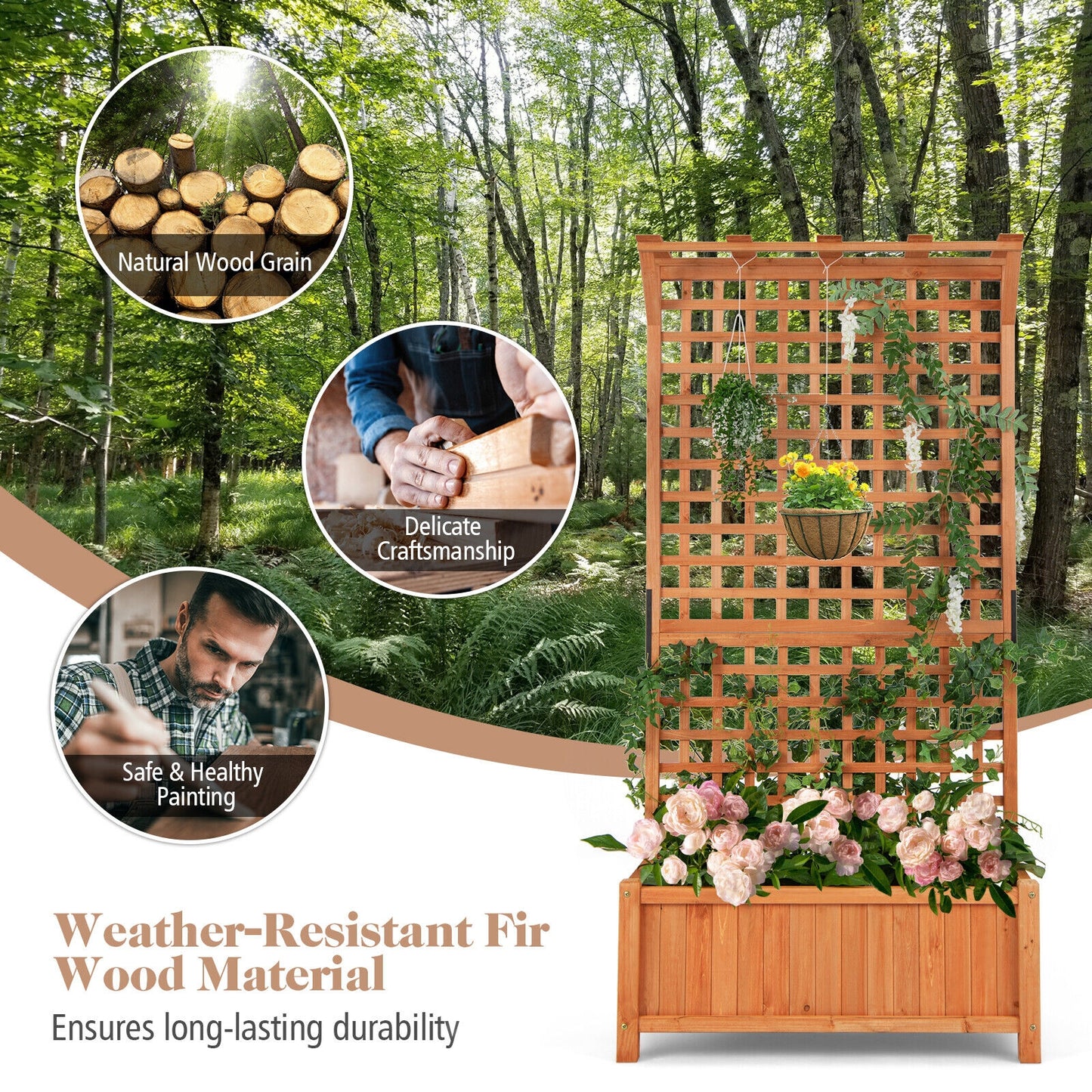 Raised Garden Bed with Trellis and Hanging Roof-Natural