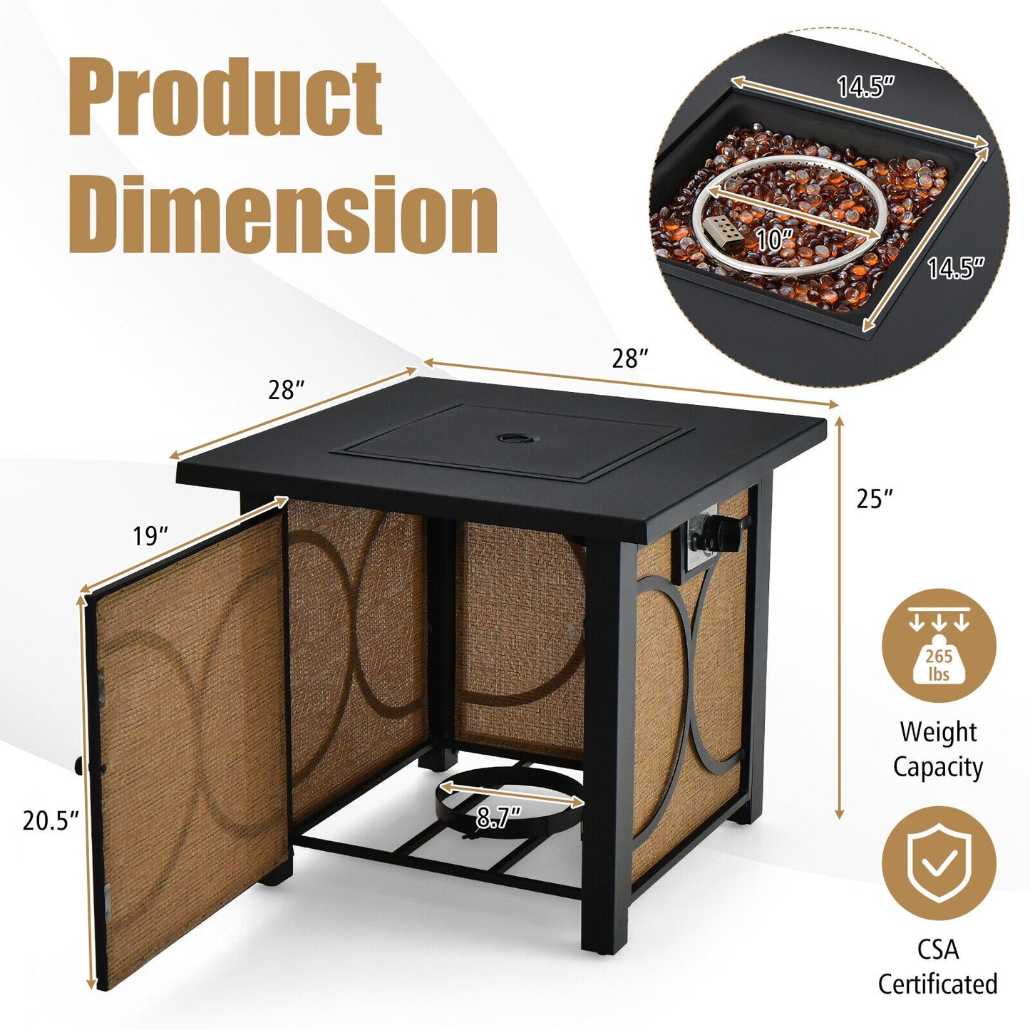 28 Inch 50000 BTU Outdoor Square Fire Pit Table with Cover, fully assembled