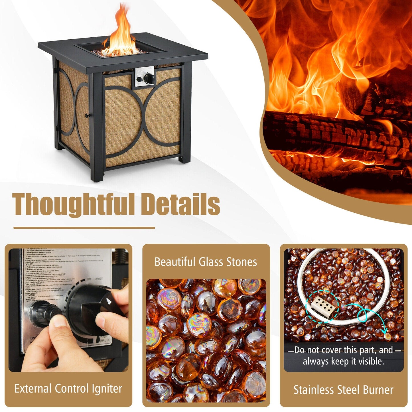 28 Inch 50000 BTU Outdoor Square Fire Pit Table with Cover, fully assembled
