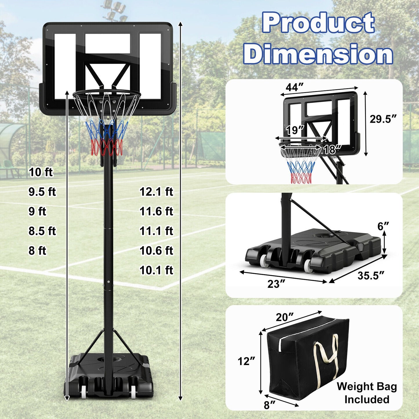 Portable Basketball Hoop with 4.6 to 10 Feet 10-Level Height Adjustable, 1 Box, unassembled