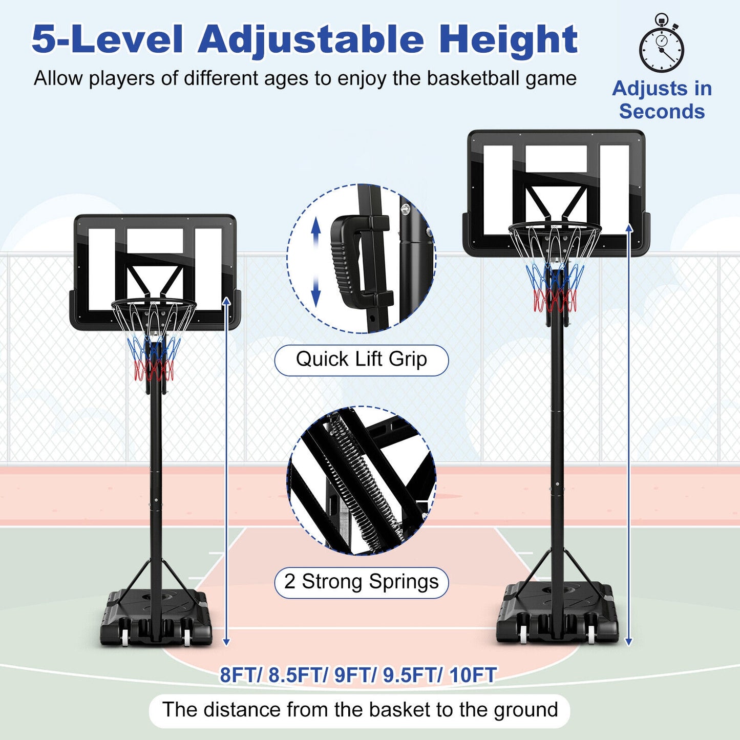 Portable Basketball Hoop with 4.6 to 10 Feet 10-Level Height Adjustable, 1 Box, unassembled