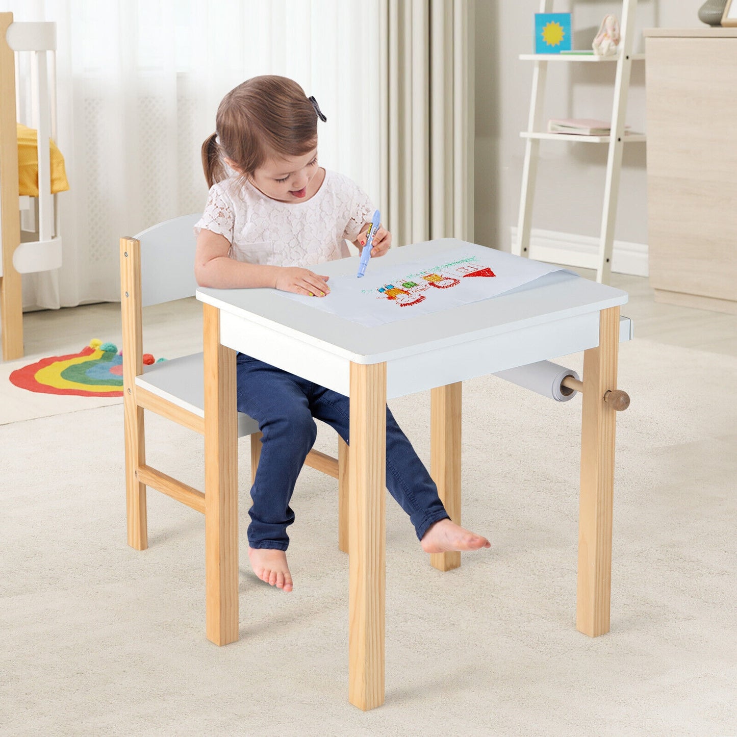 Kids Art Table and Chair Set with Drawer Paper Roll and 2 Markers-White, fully assembled, tiny slight mark on top