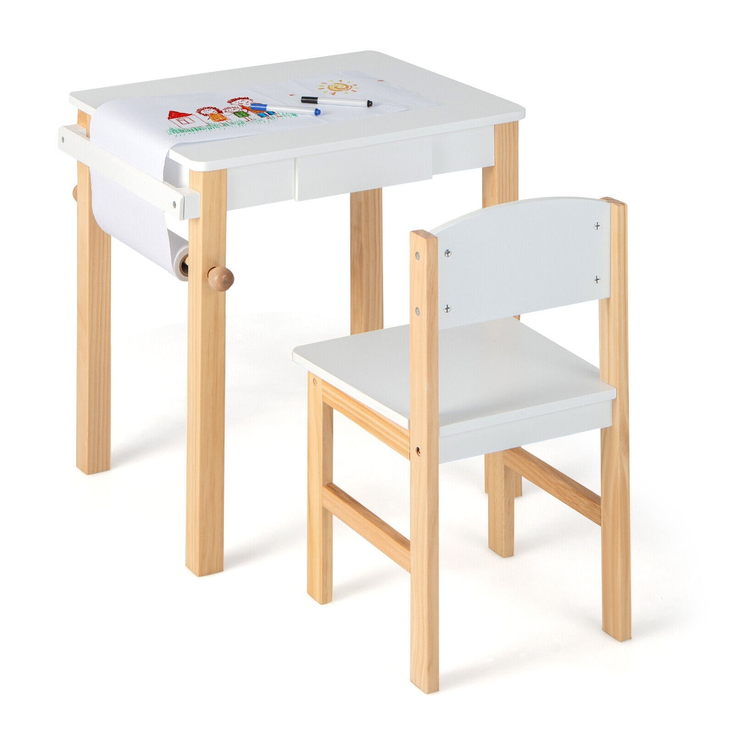 Kids Art Table and Chair Set with Drawer Paper Roll and 2 Markers-White, fully assembled, tiny slight mark on top