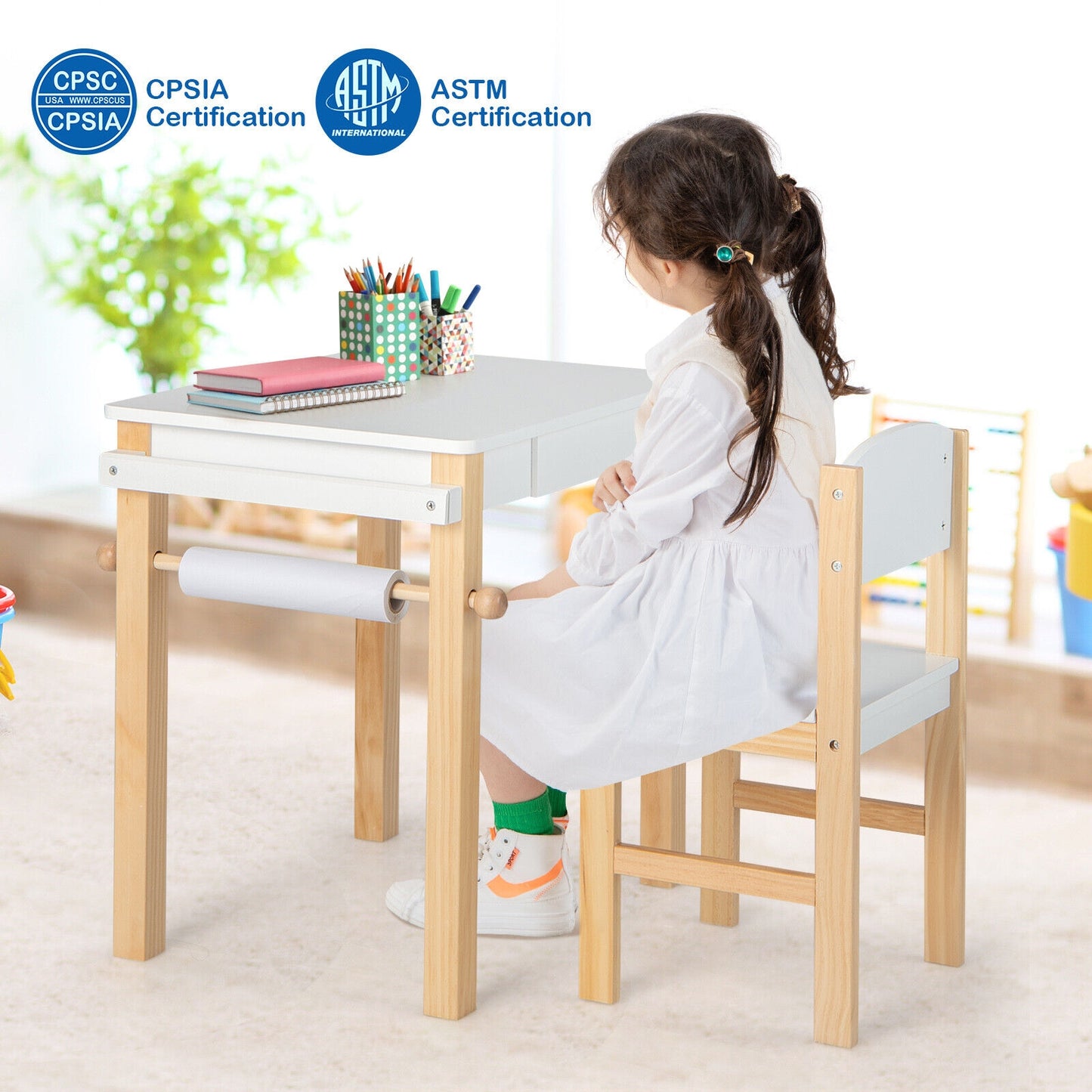 Kids Art Table and Chair Set with Drawer Paper Roll and 2 Markers-White, fully assembled, tiny slight mark on top