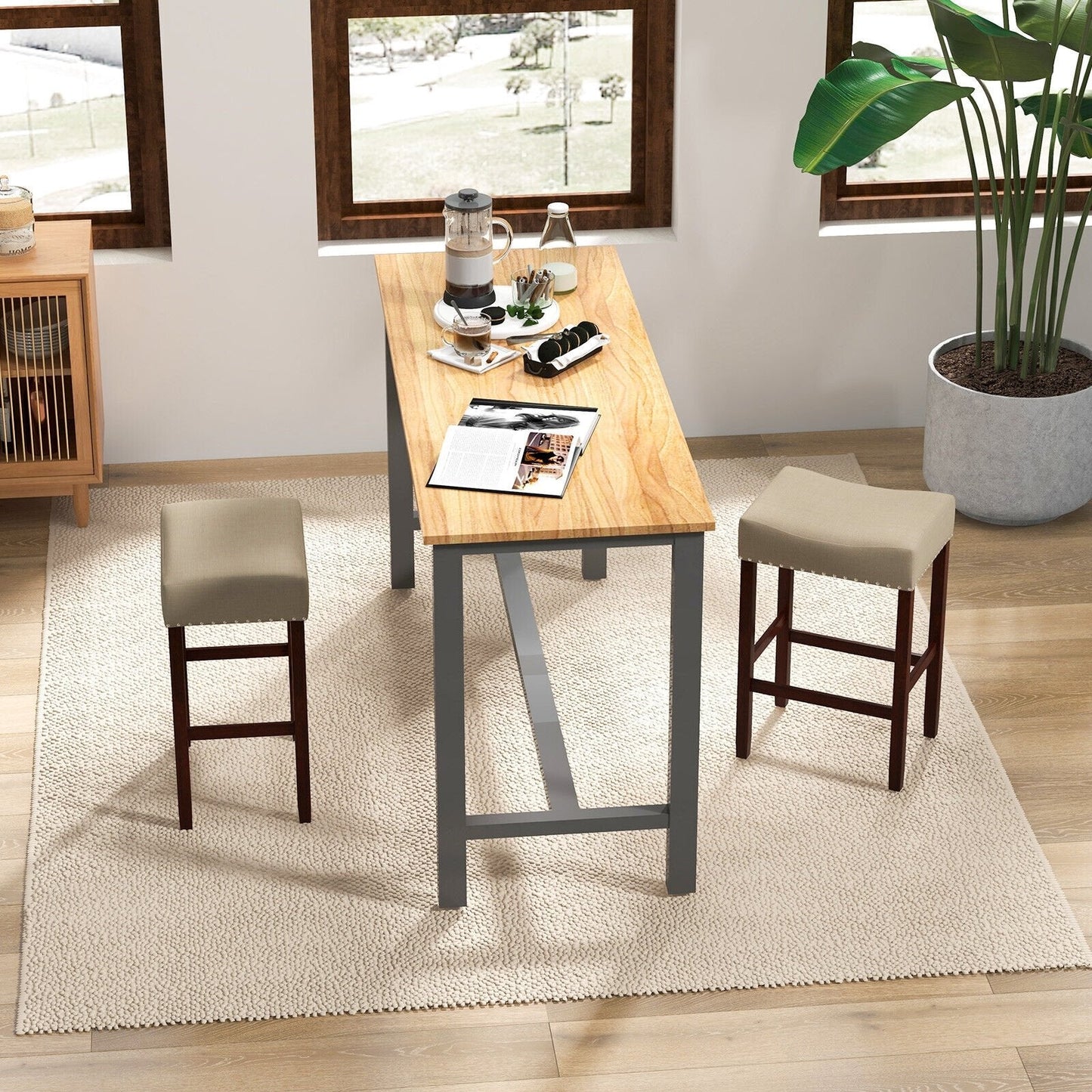 Set of 2, 24 Inch Bar Stool with Curved Seat Cushions-Beige (Customer Return)