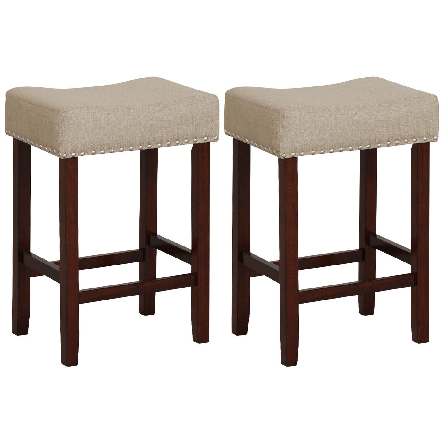 Set of 2, 24 Inch Bar Stool with Curved Seat Cushions-Beige (Customer Return)