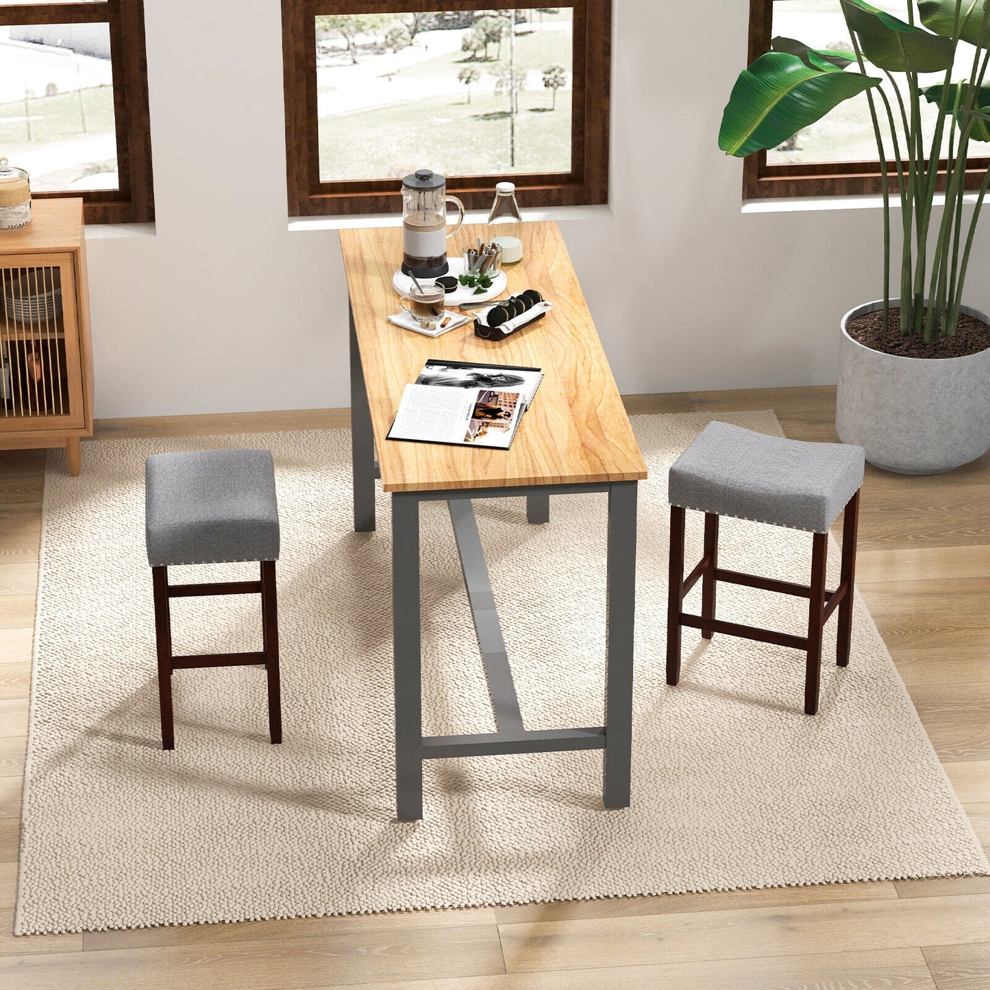 Set of 2 24 Inch Bar Stool with Curved Seat Cushions-Grey